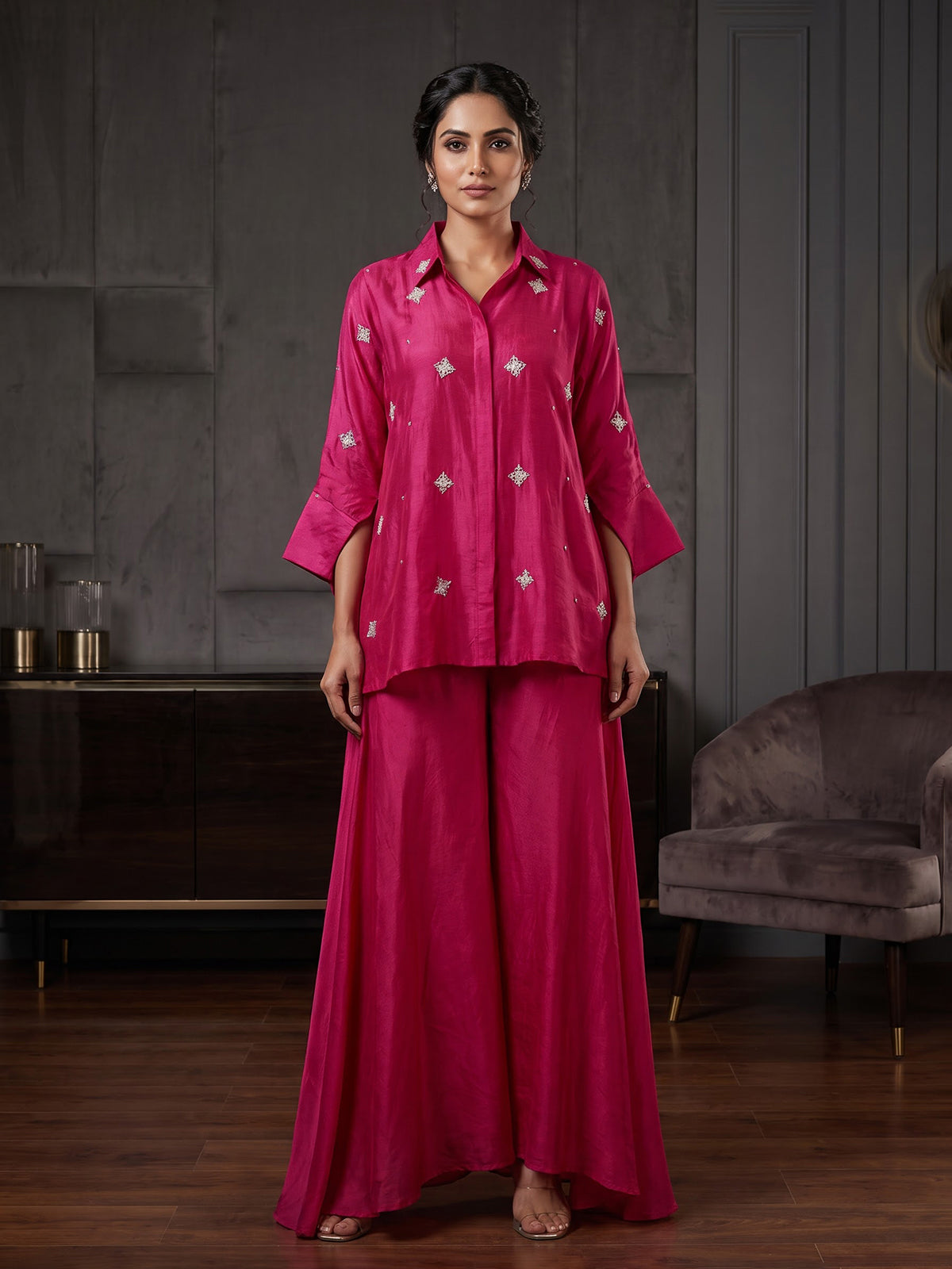 Rani pink crepe silk designer festive palazzo co ord set