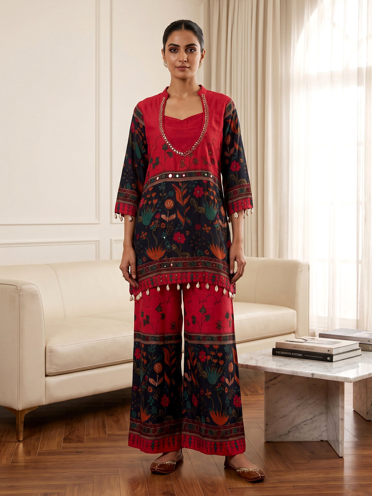 Red silk printed three piece palazzo co ord set