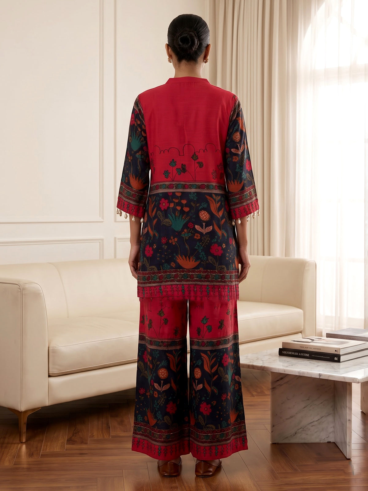 Red silk printed three piece palazzo co ord set