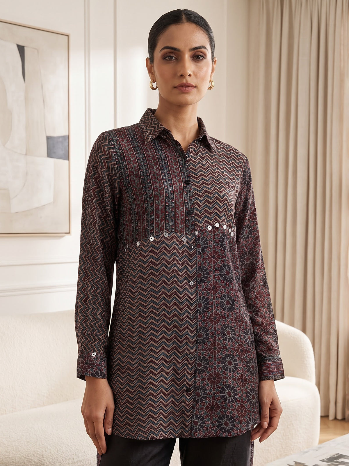Black crepe silk printed casual palazzo co ord set