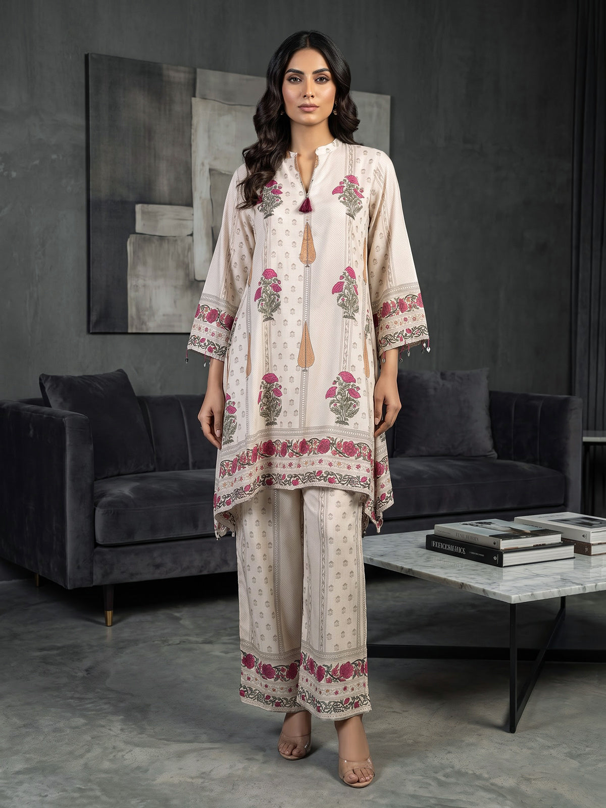 Cream pink silk printed festive palazzo co ord set