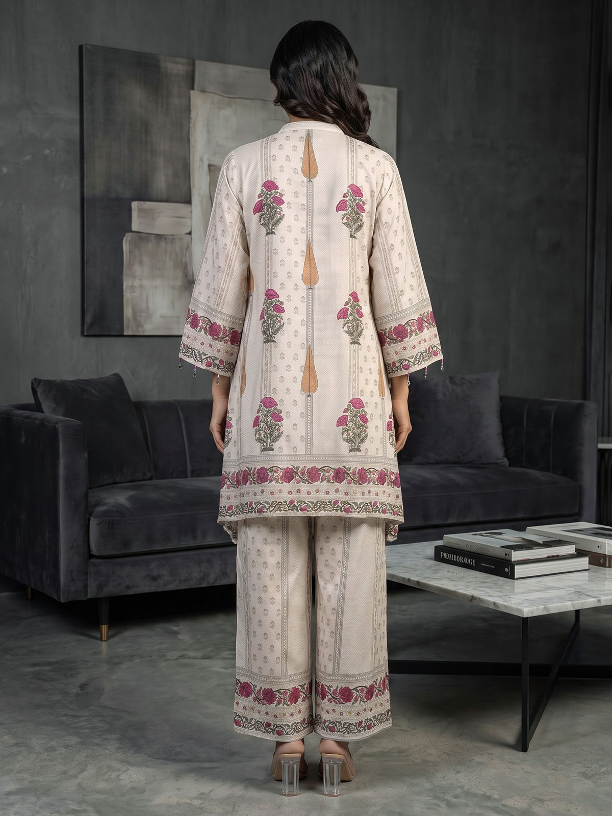 Cream pink silk printed festive palazzo co ord set
