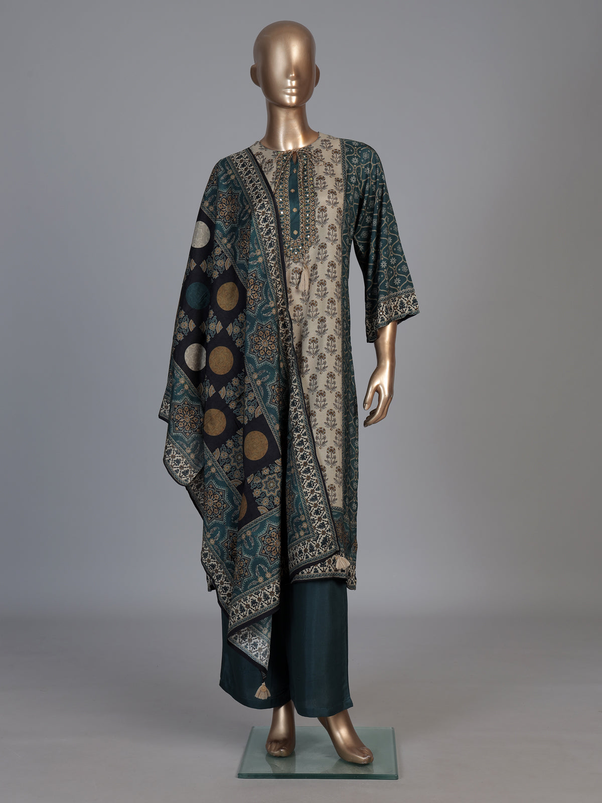 Rama blue silk printed festive palazzo kurti set