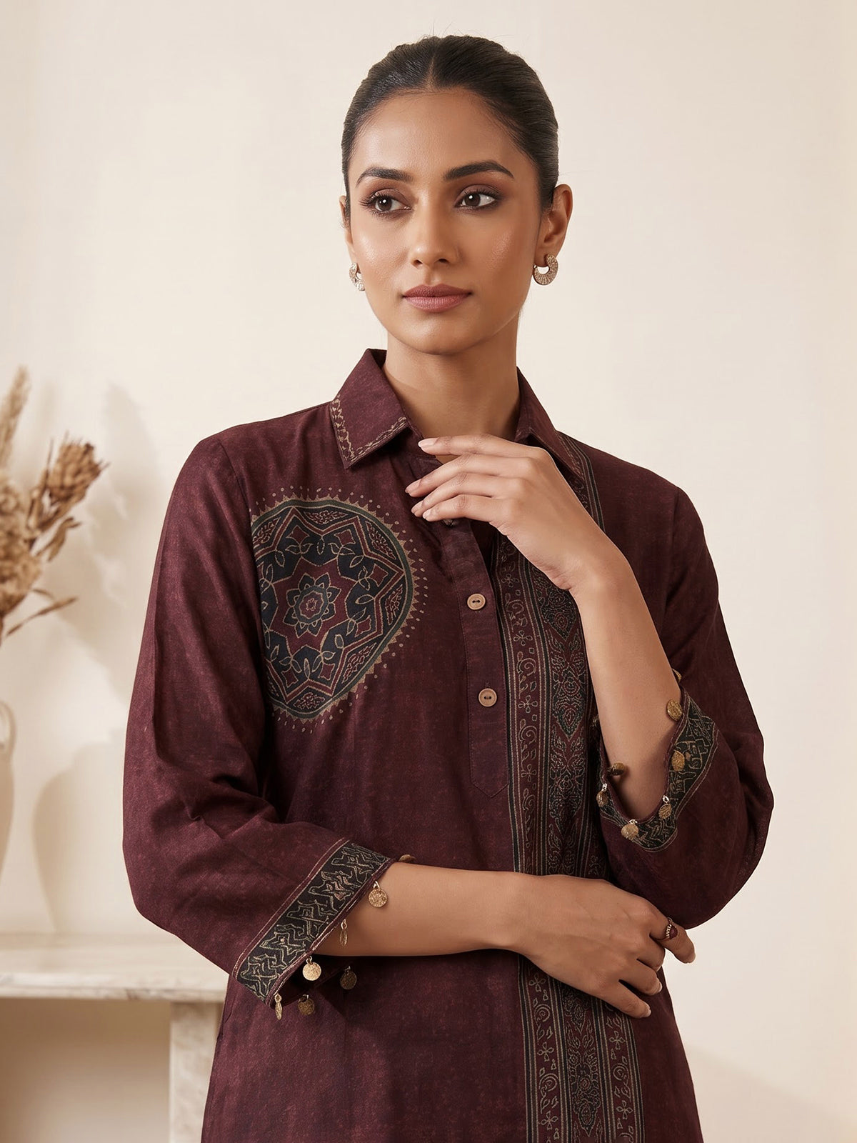 Brown crepe silk printed festive kurti set