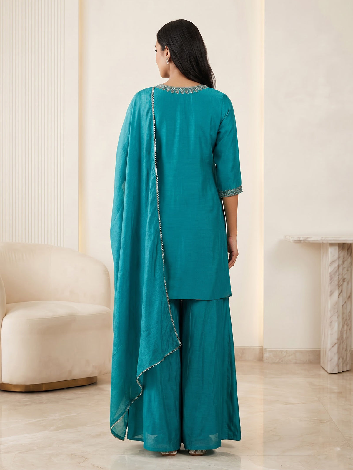 Teal blue chiffon festive palazzo kurti set