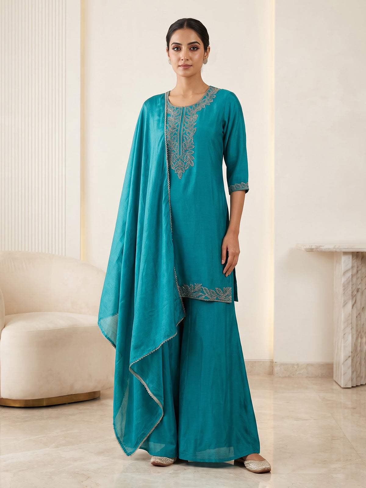 Teal blue chiffon festive palazzo kurti set