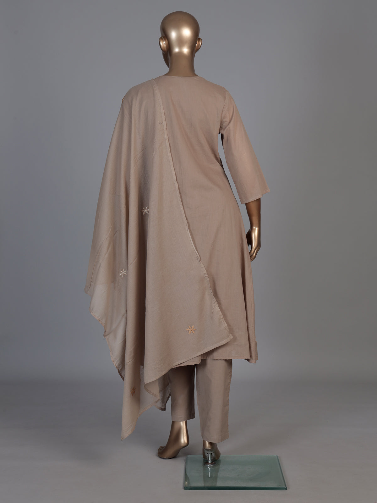 Beige cotton embroidered festive kurti set