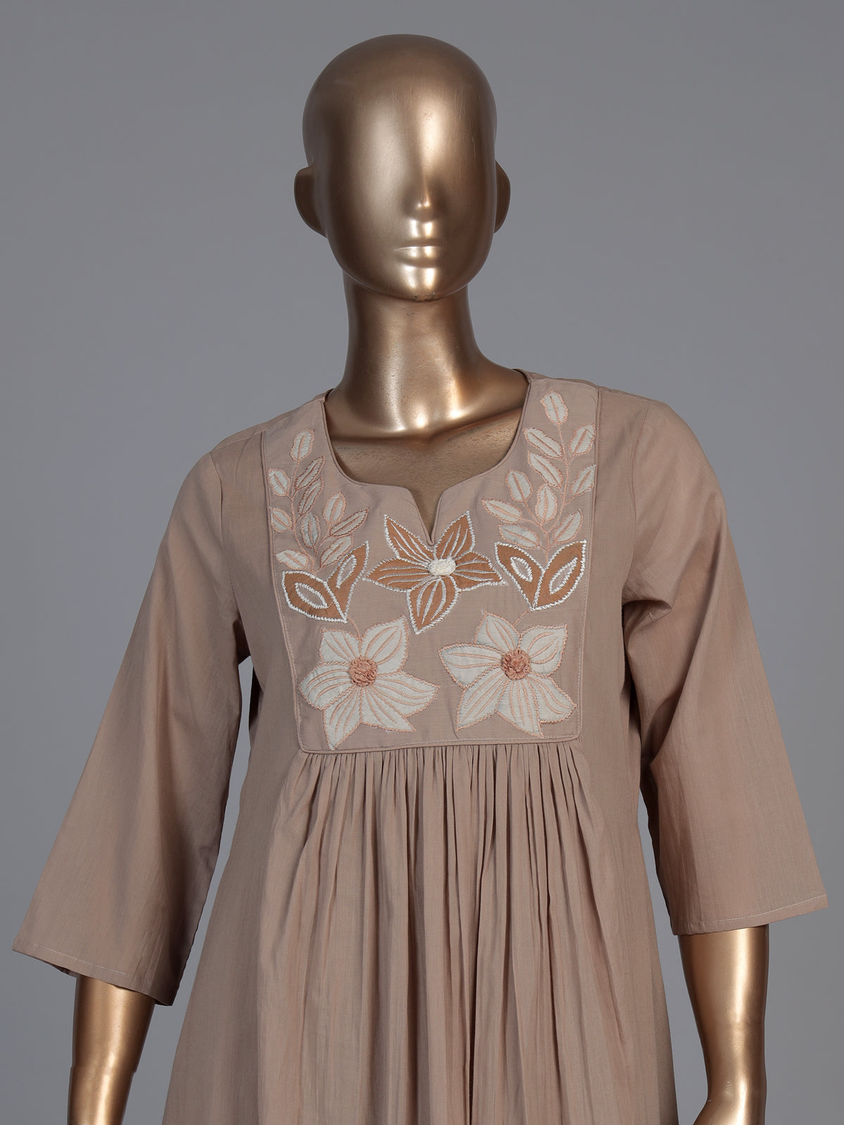 Beige cotton embroidered festive kurti set