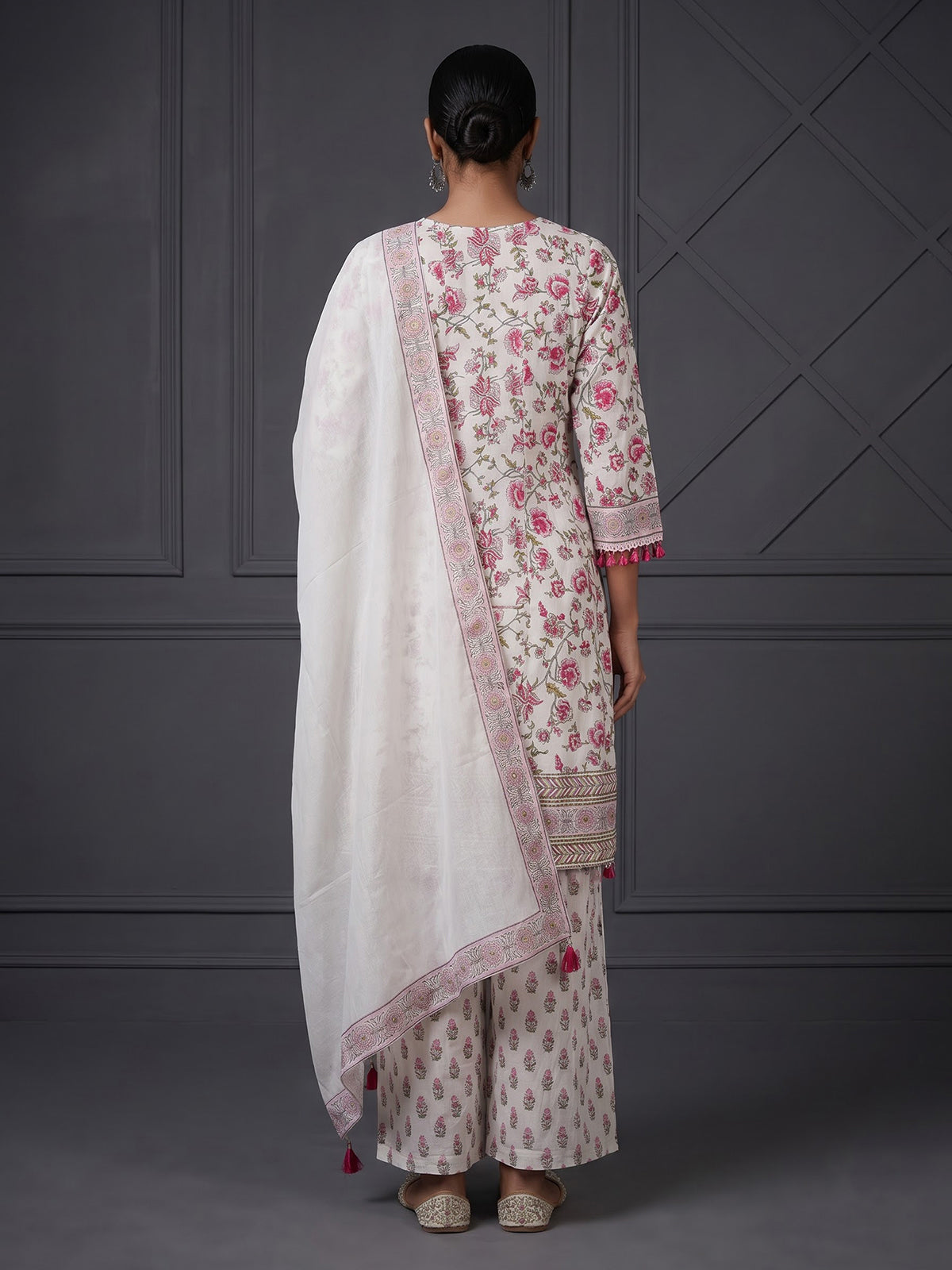 Off white cotton floral festive palazzo kurti set