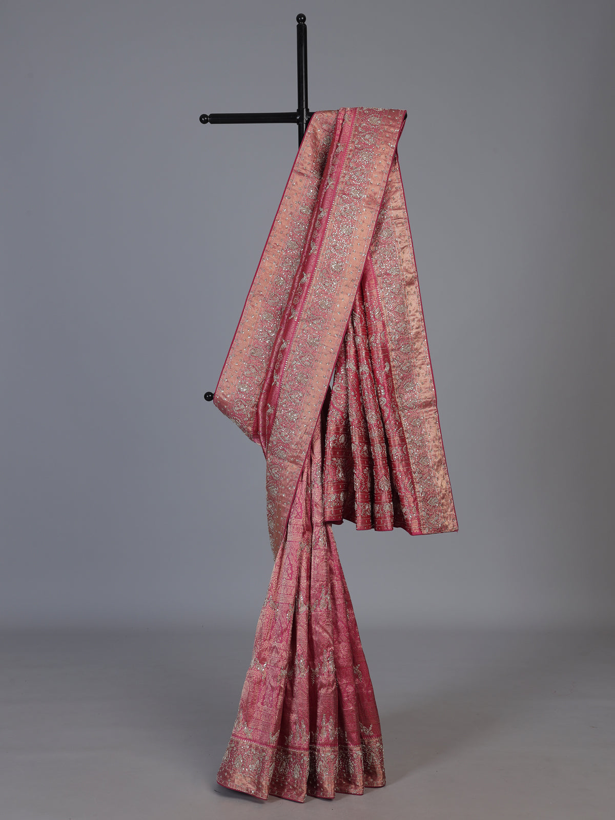 Rani pink kanjivaram silk bird motif festive designer saree
