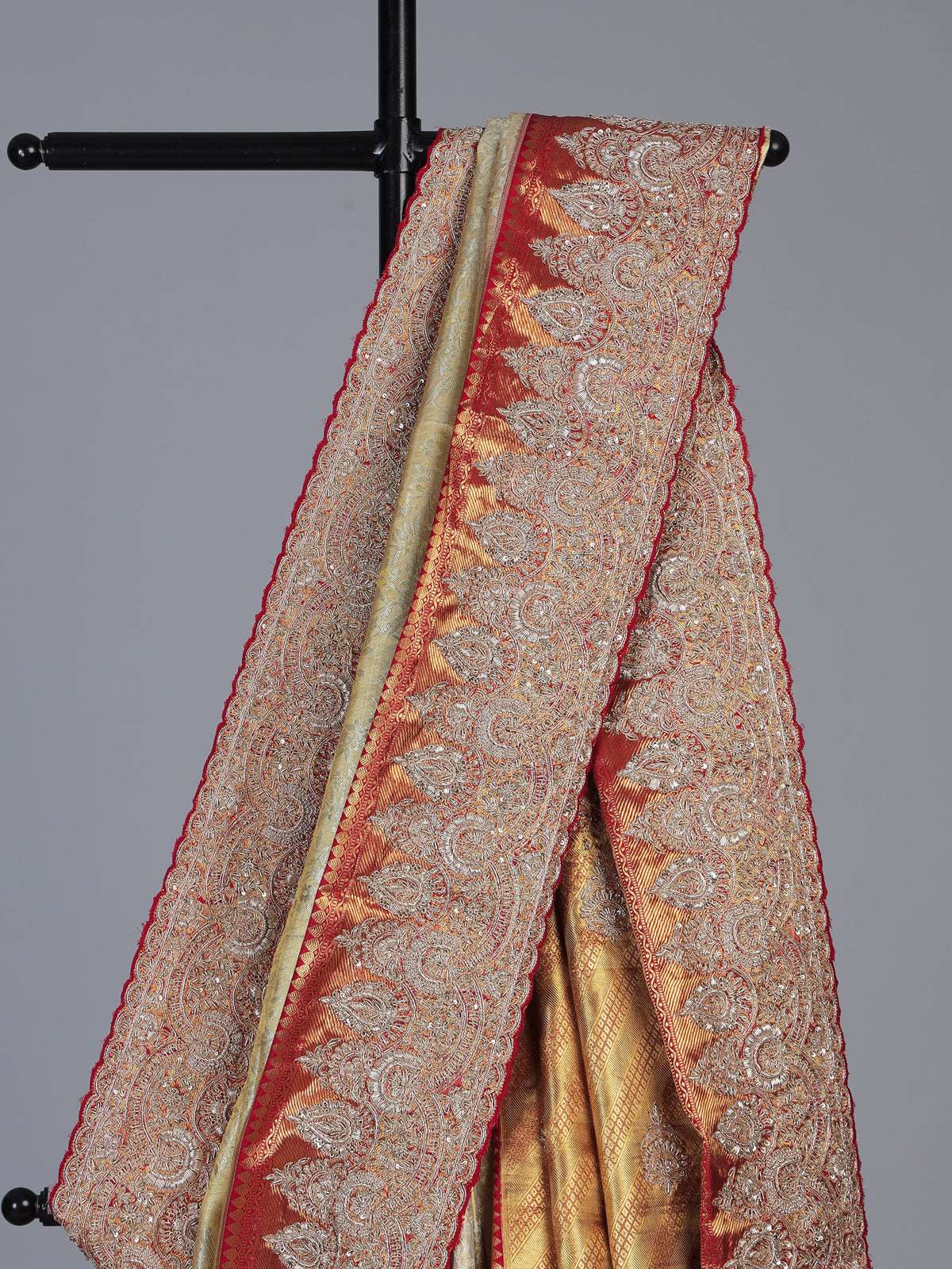 Beige tissue kanjivaram silk zardosi wedding saree with contrast pallu