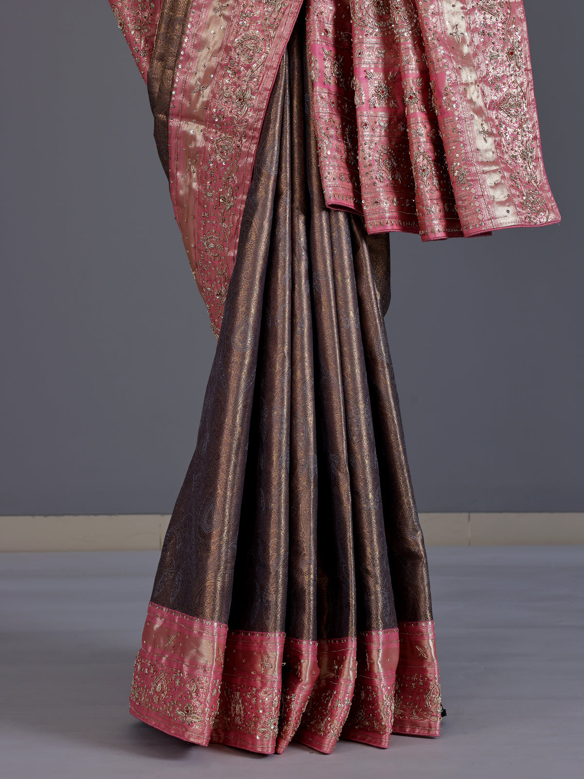 Grey kanjivaram silk contrast border festive designer saree women