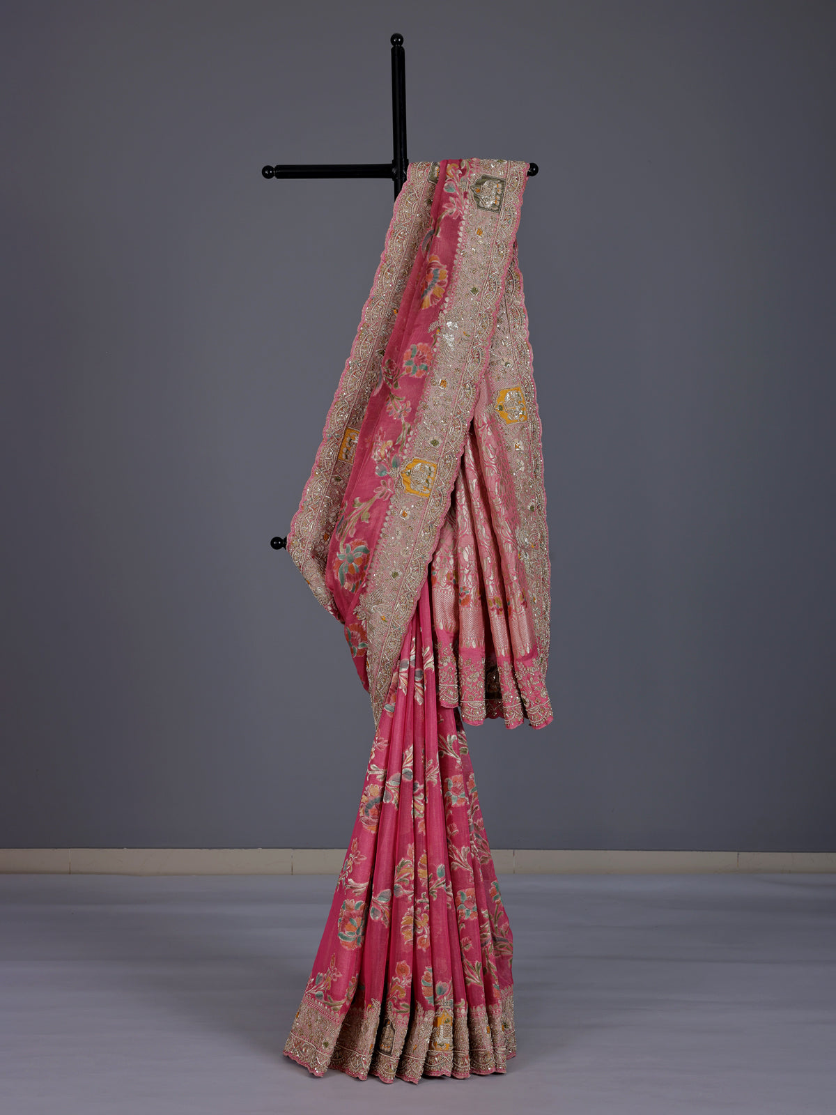 Pink minakari silk motif festive saree for women