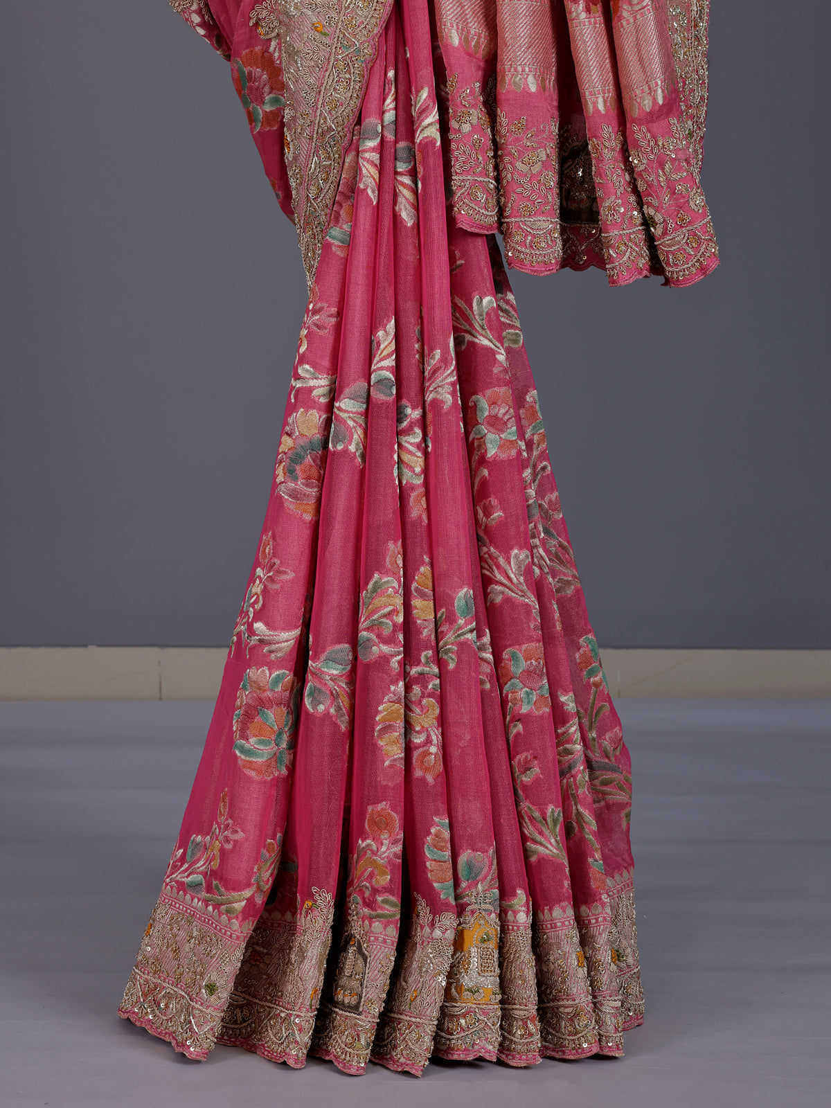Pink minakari silk motif festive saree for women