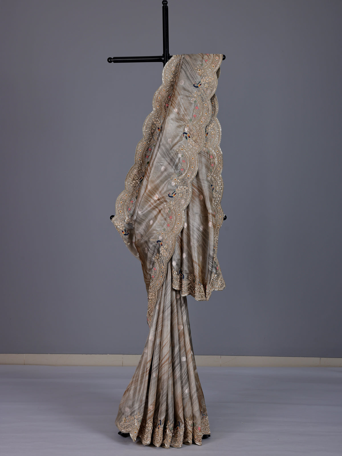 Grey tissue silk peacock border festive saree for women