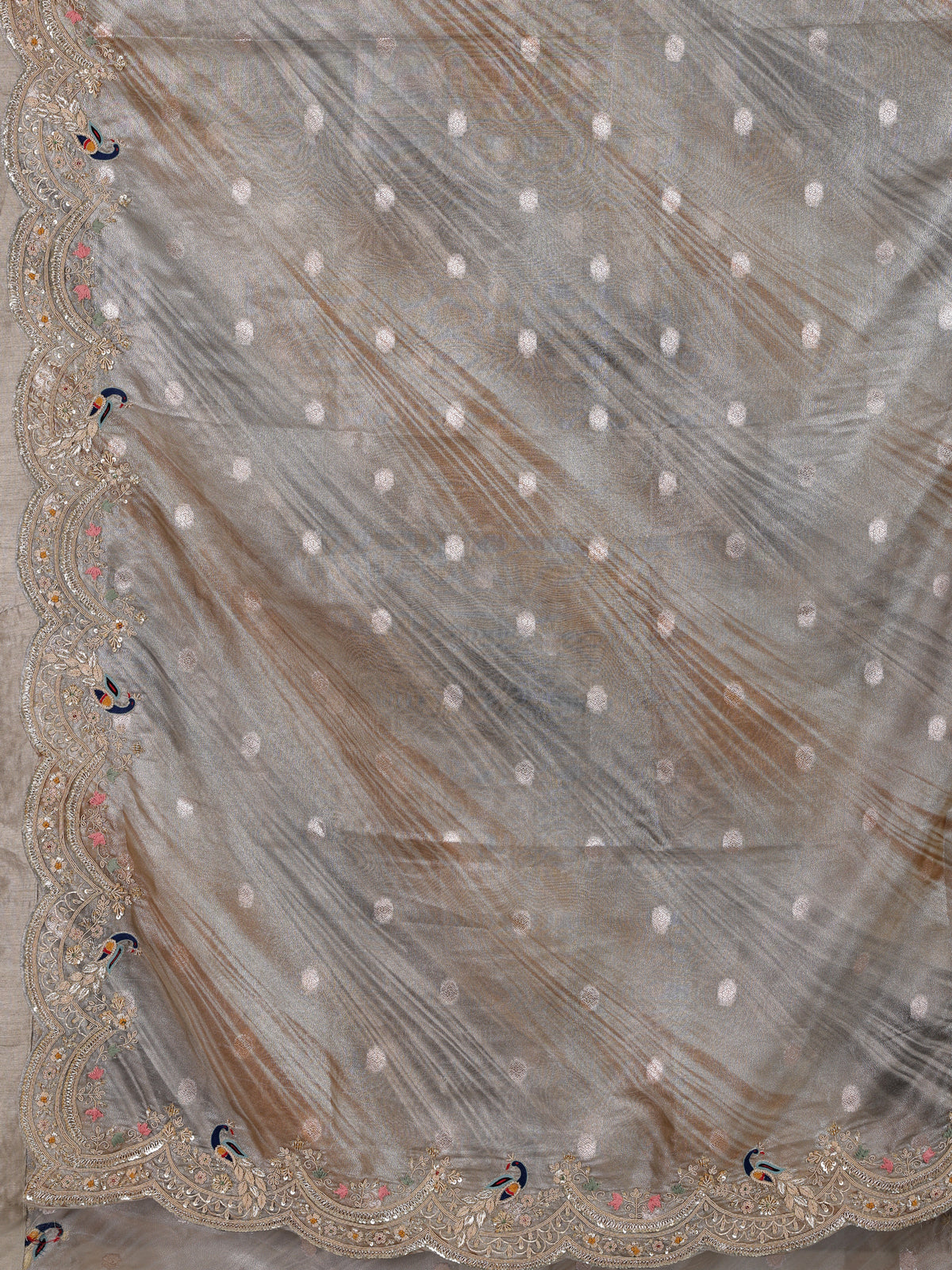 Grey tissue silk peacock border festive saree for women