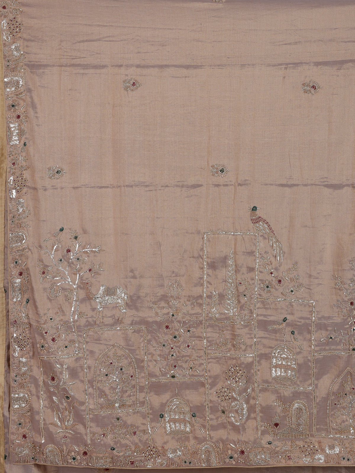 Pastel beige tissue silk bird motif festive saree women