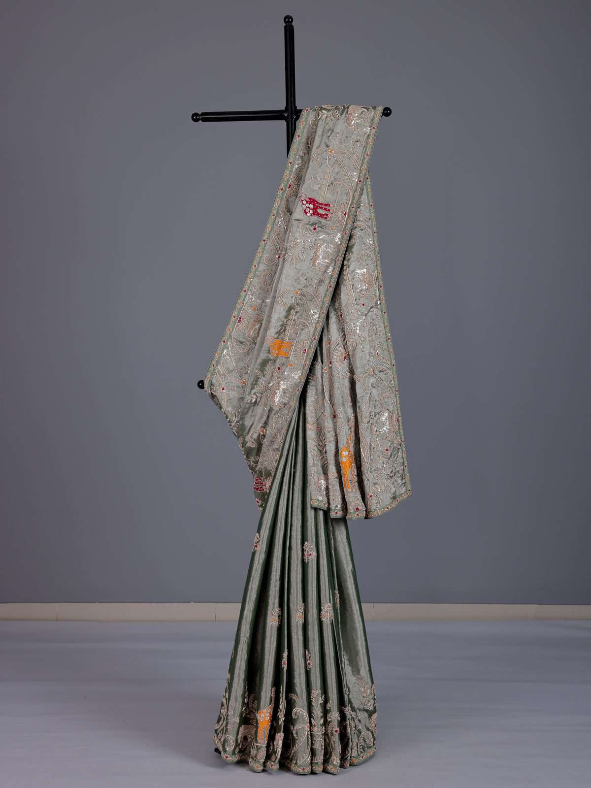 Sage green tissue silk animal motif festive saree women