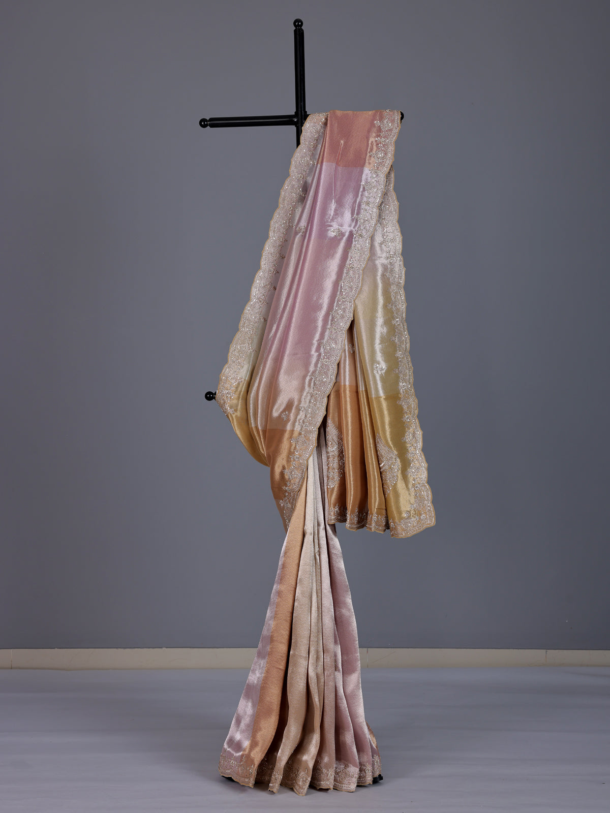 Pastel pink ziraf tissue silk color block festive saree