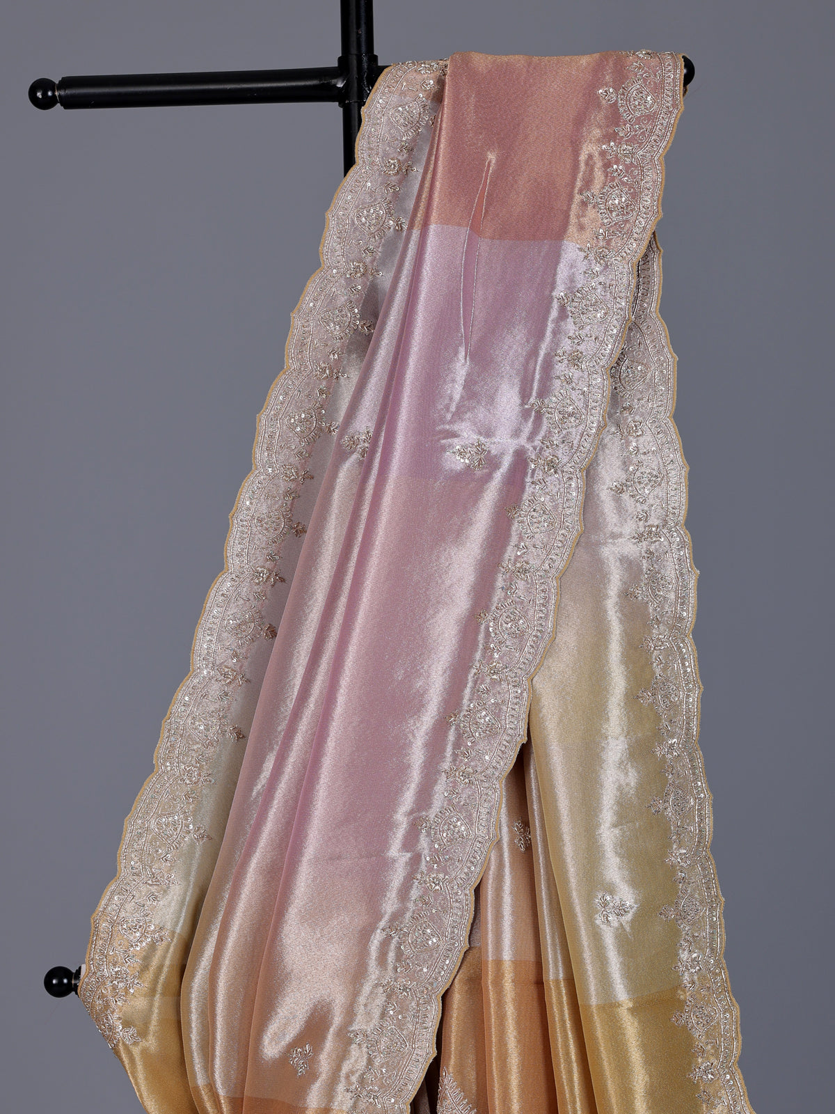 Pastel pink ziraf tissue silk color block festive saree
