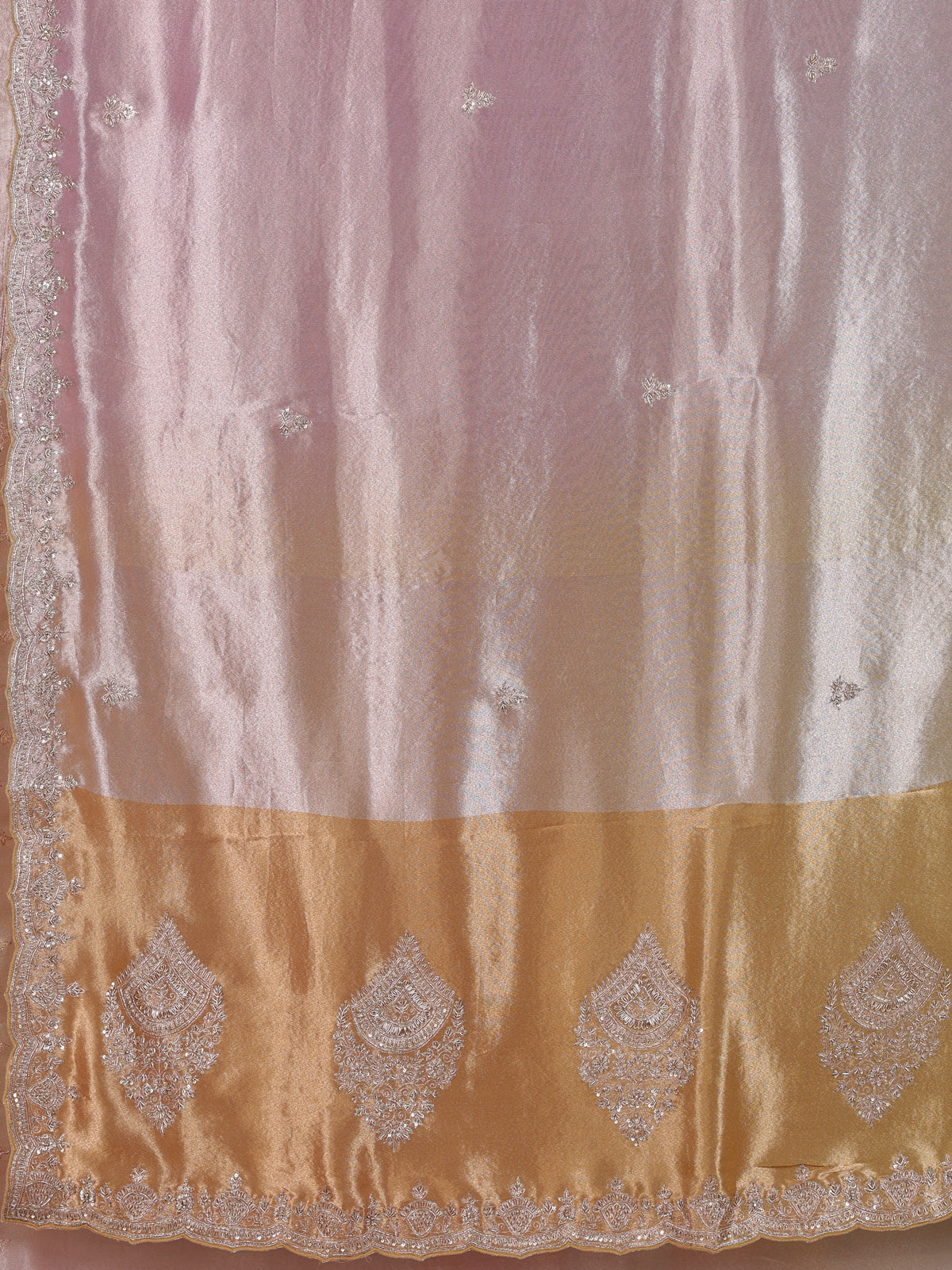 Pastel pink ziraf tissue silk color block festive saree