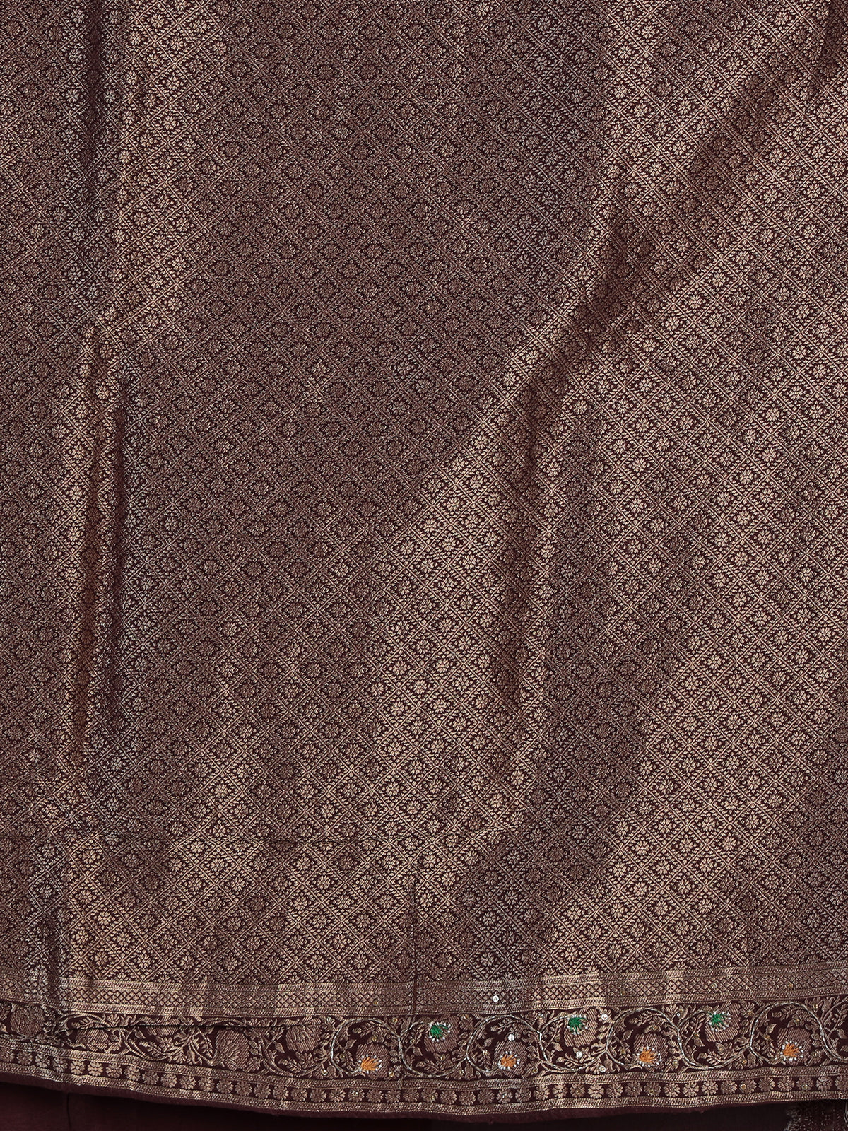 Brown dola silk saree with floral tassel embellished design