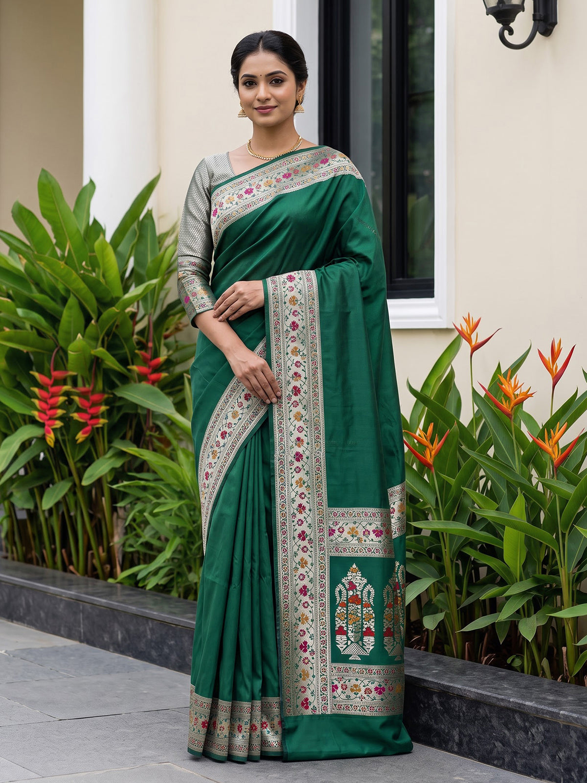 Green paithani silk saree with floral motifs and rich zari