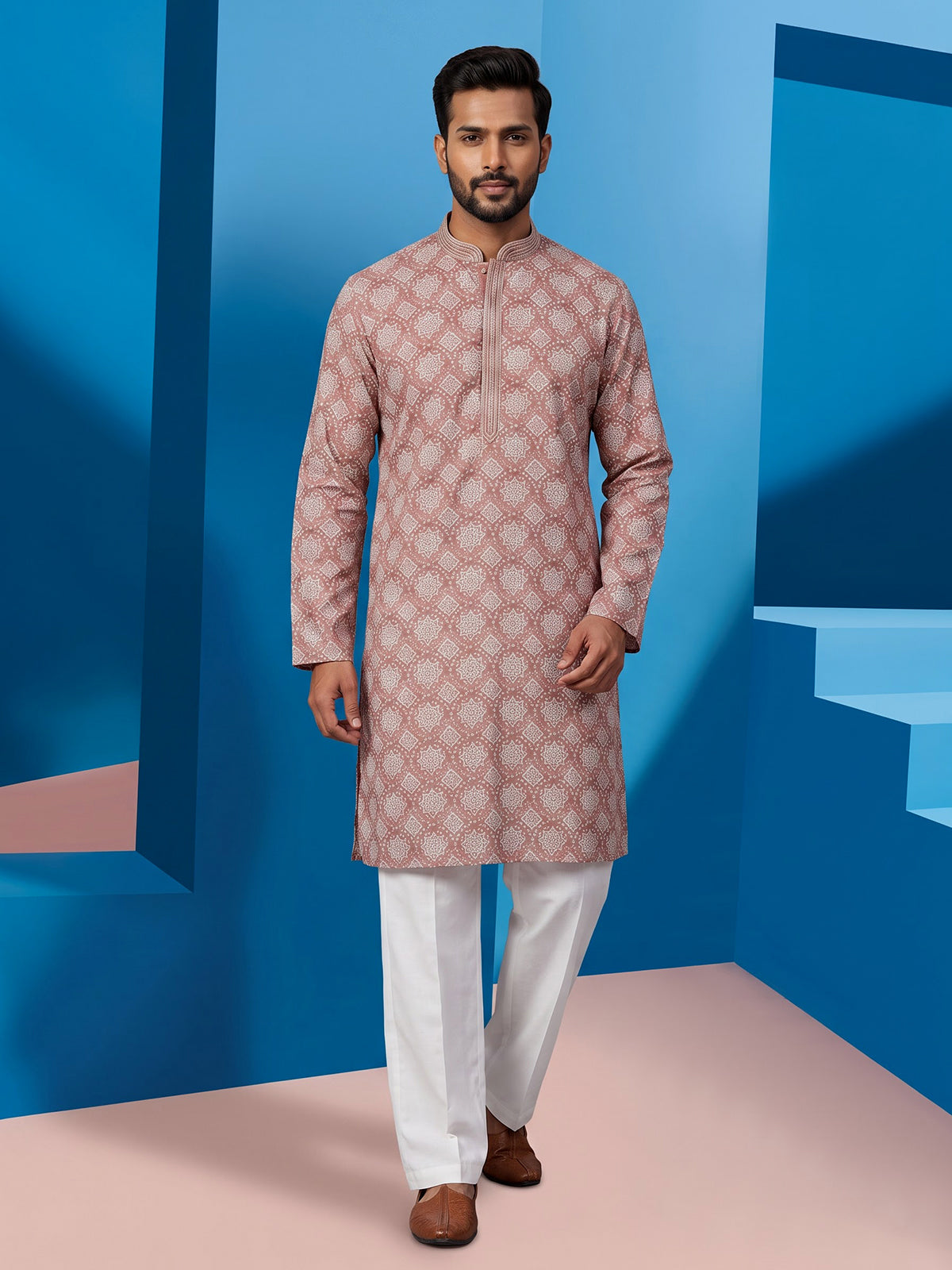 Brown silk printed festive kurta suit for men with mandarin collar elegance