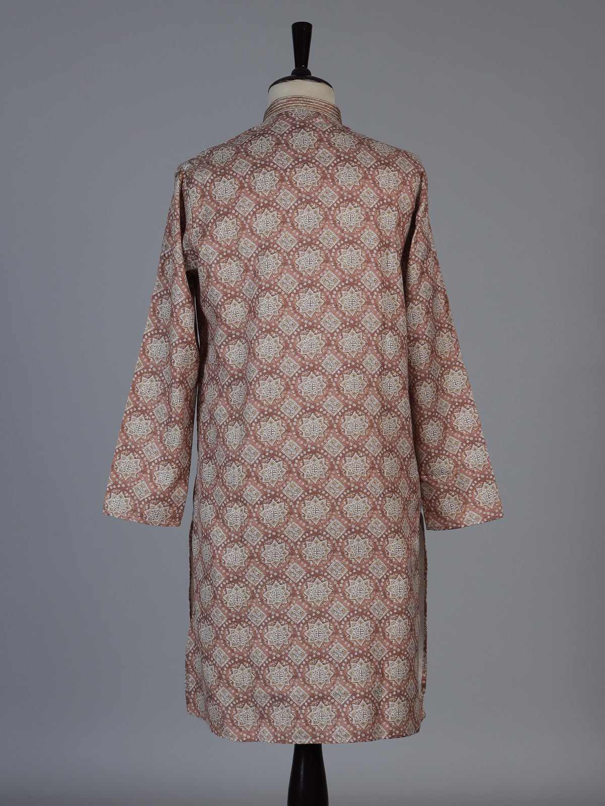 Brown silk printed festive kurta suit for men with mandarin collar elegance