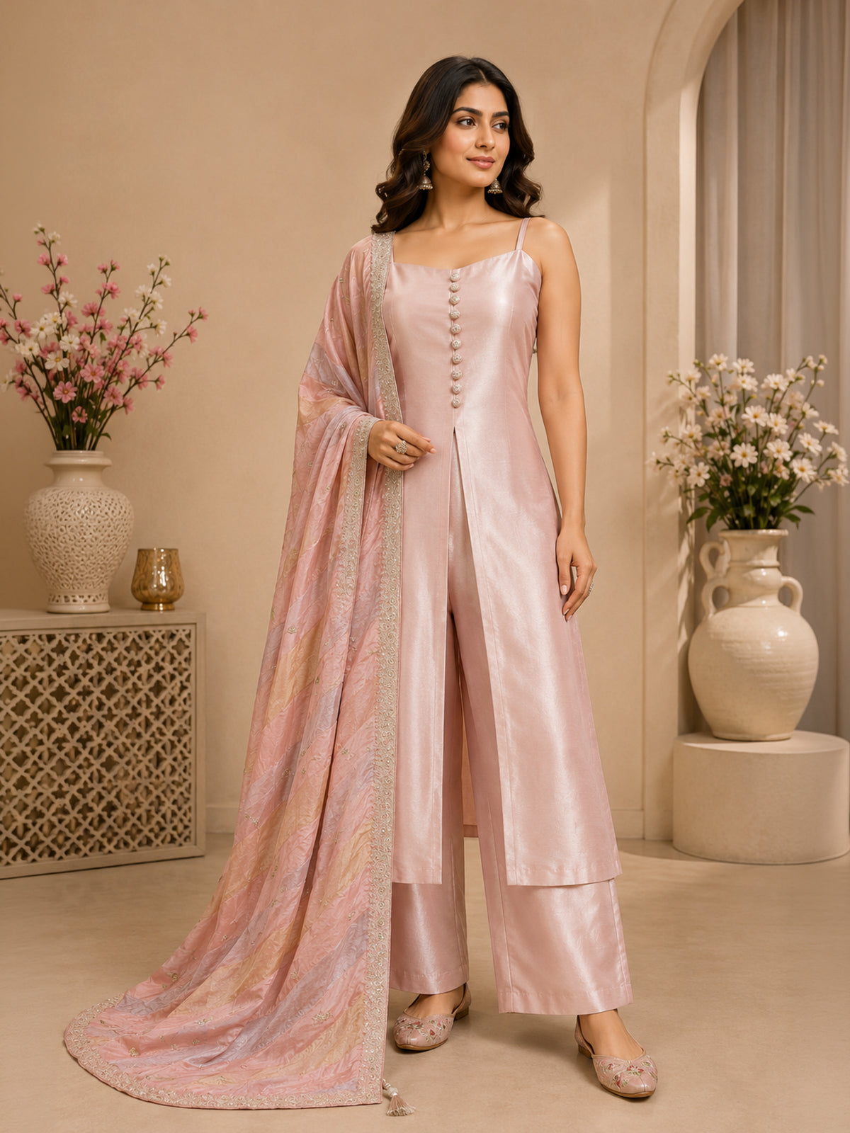 Opulent blush pink designer palazzo suit for women