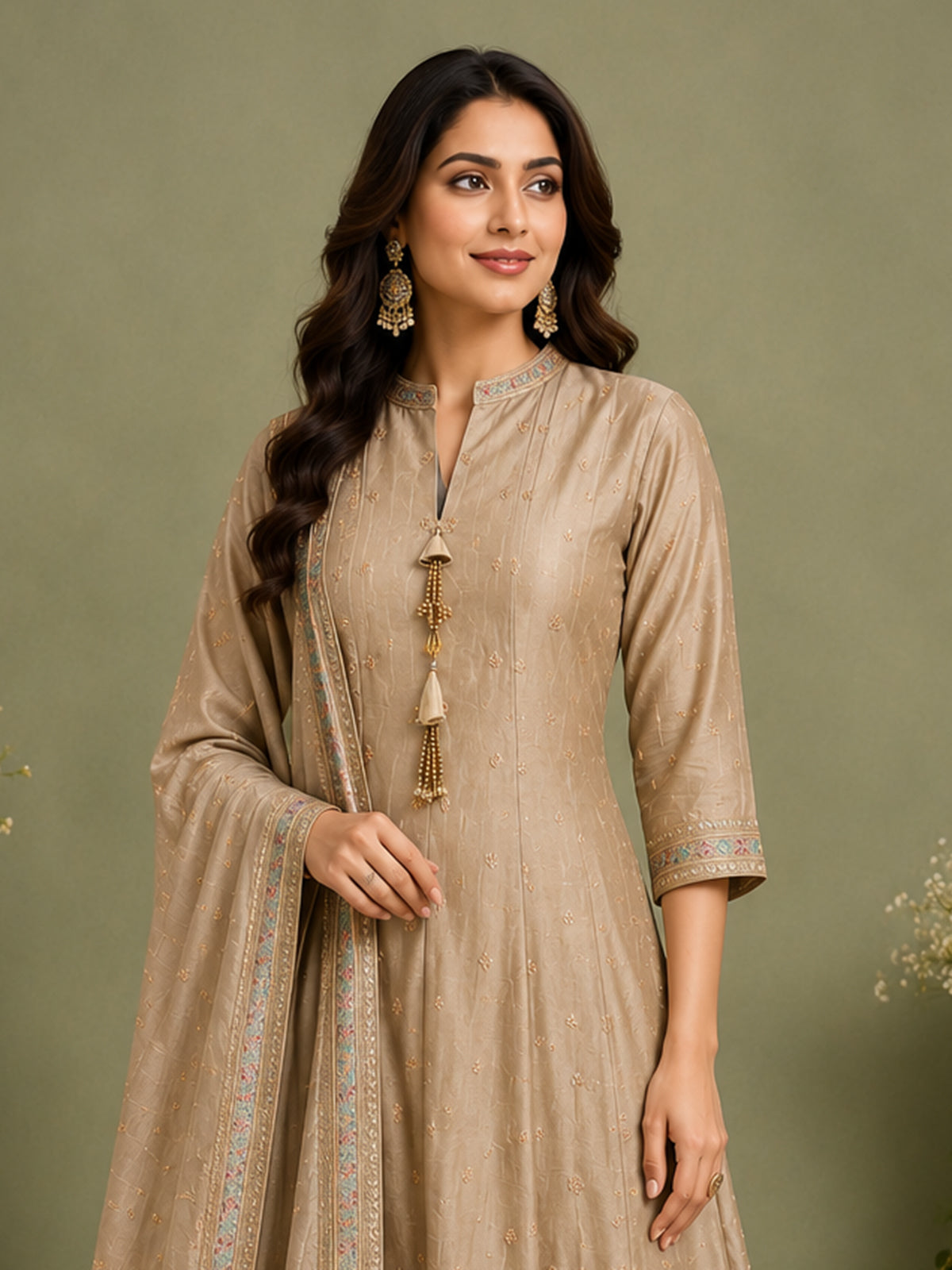 Regal beige embroidered anarkali salwar suit for women
