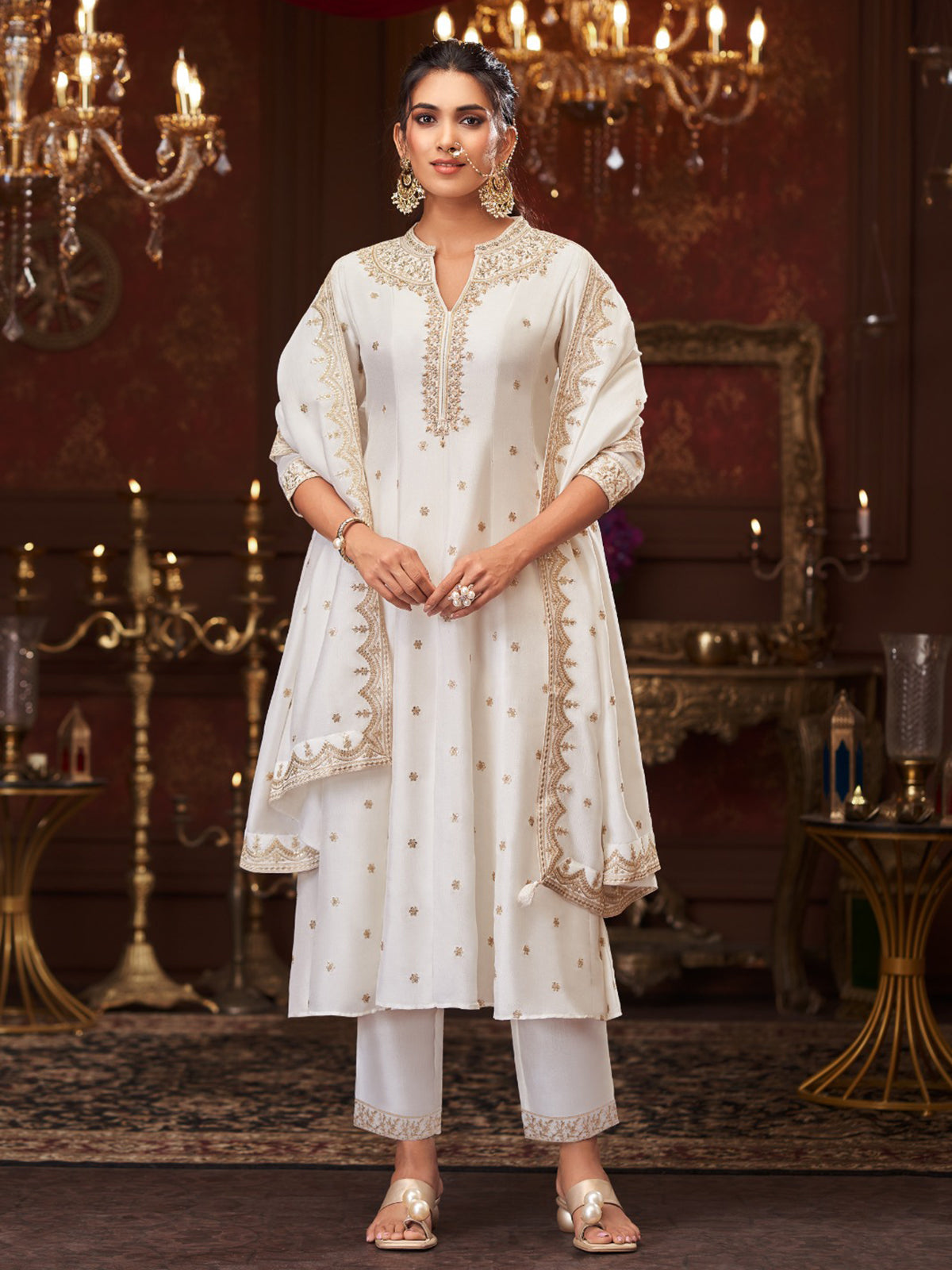 Opulent white embroidered silk kurti set women