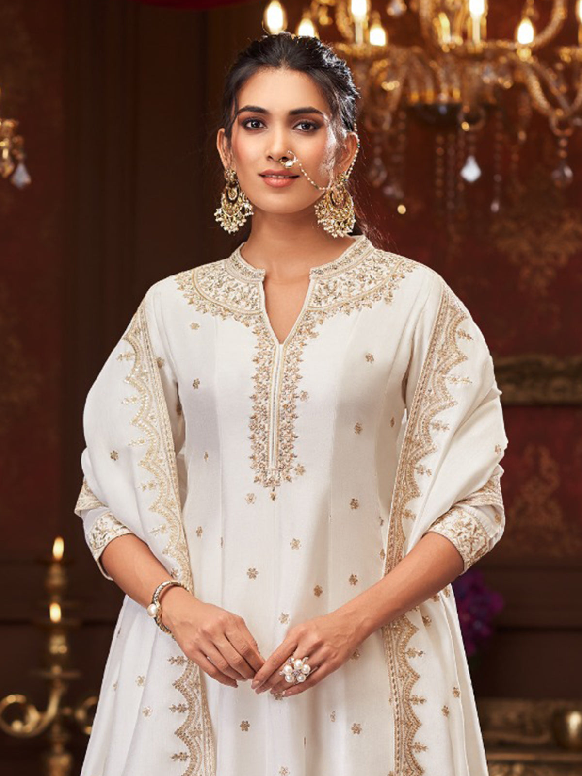 Opulent white embroidered silk kurti set women