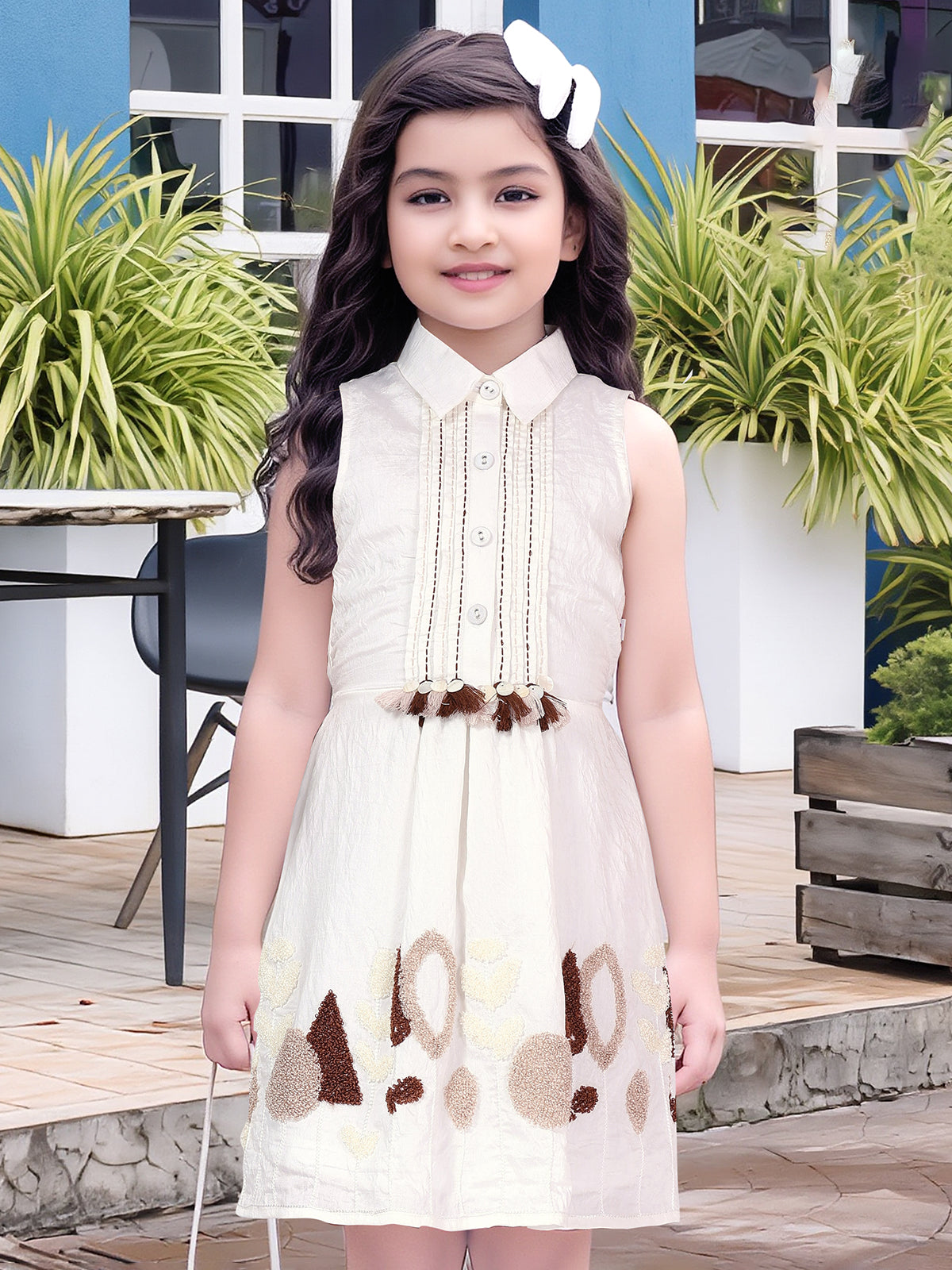 Off white thread work patch silk frock for girls