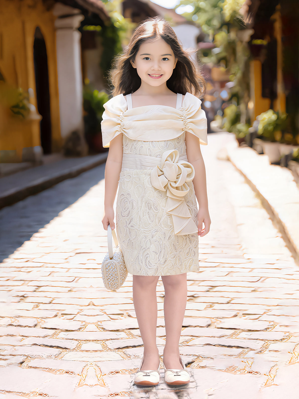 Cream stones work midi dress for girls