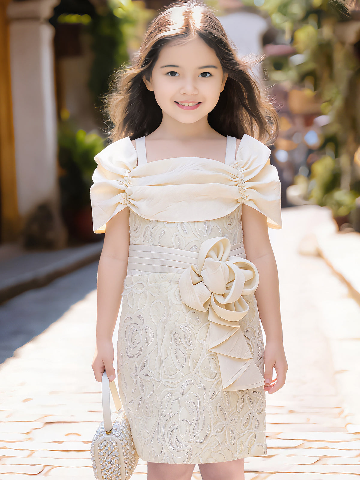 Cream stones work midi dress for girls