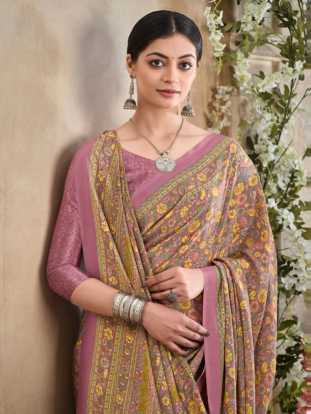 Onion pink floral printed crepe silk casualwear saree