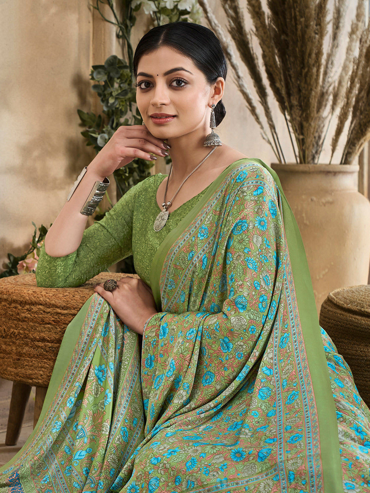 Mehendi green floral printed crepe silk casual saree