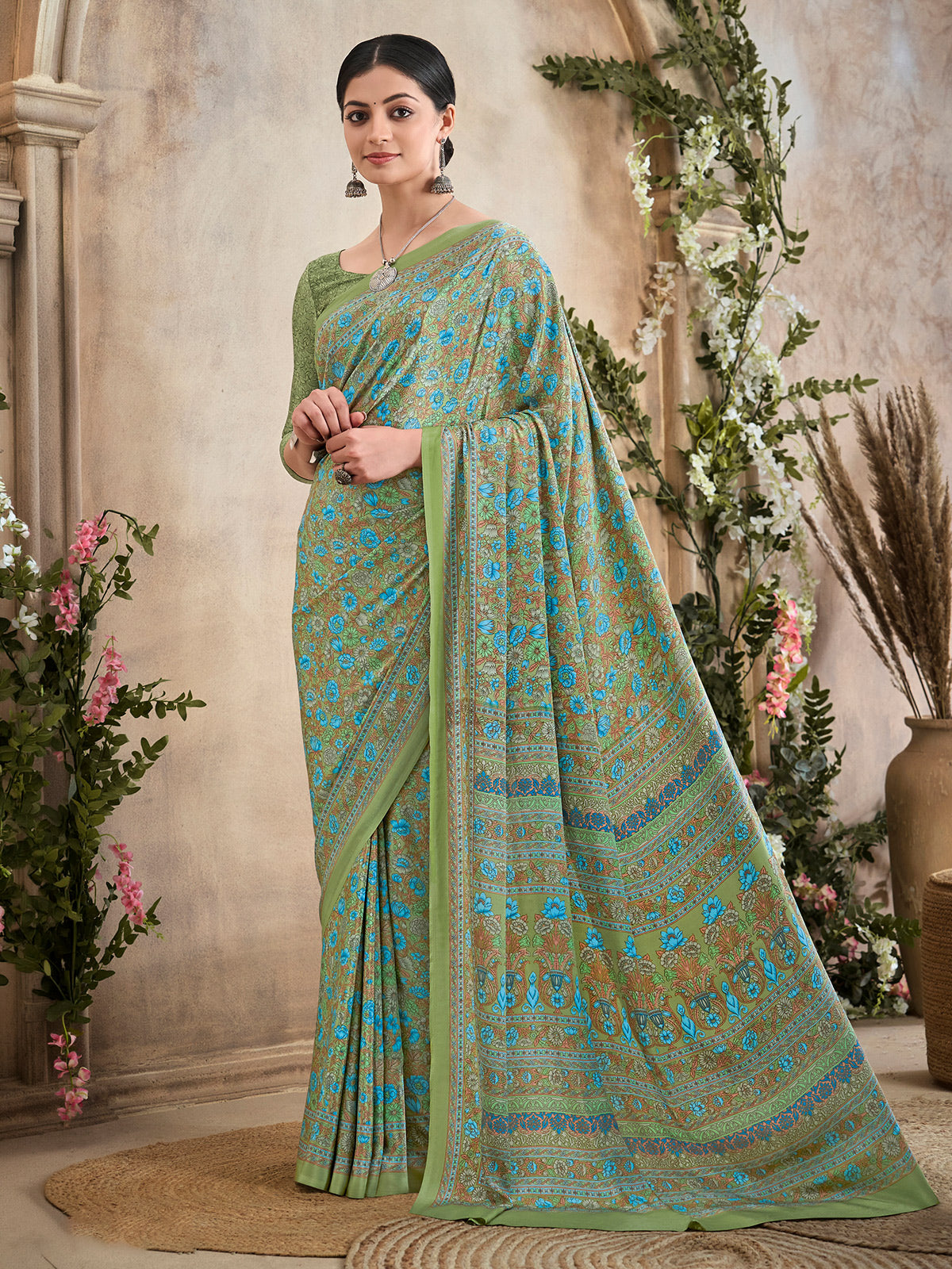 Mehendi green floral printed crepe silk casual saree
