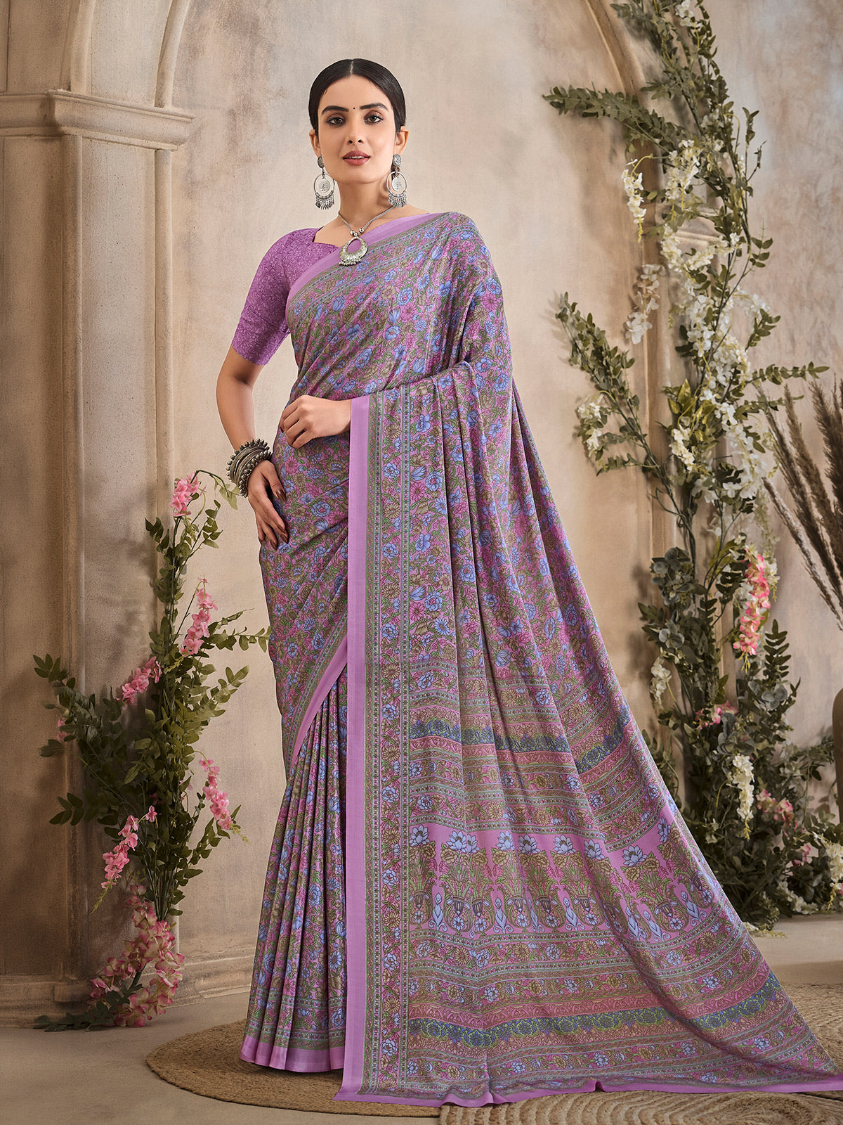 Lavender purple floral printed crepe silk