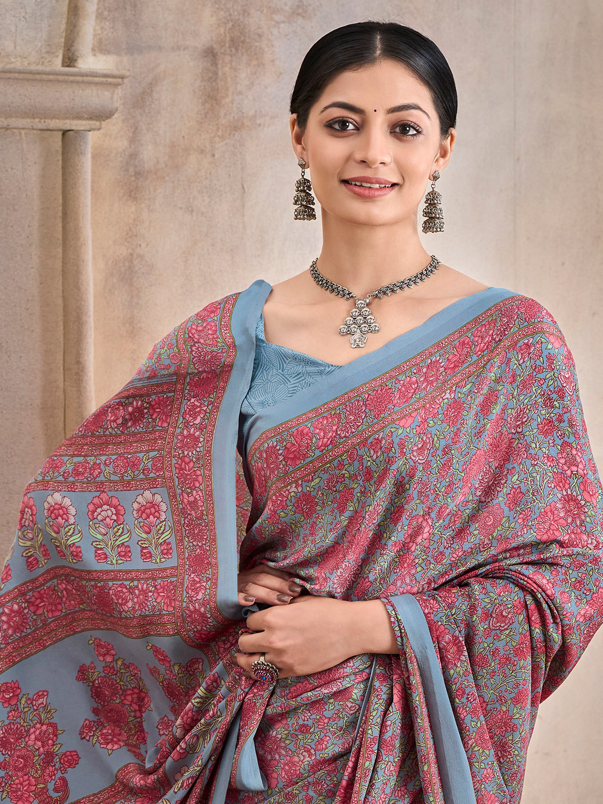 Grey and maroon floral printed crepe silk casual saree