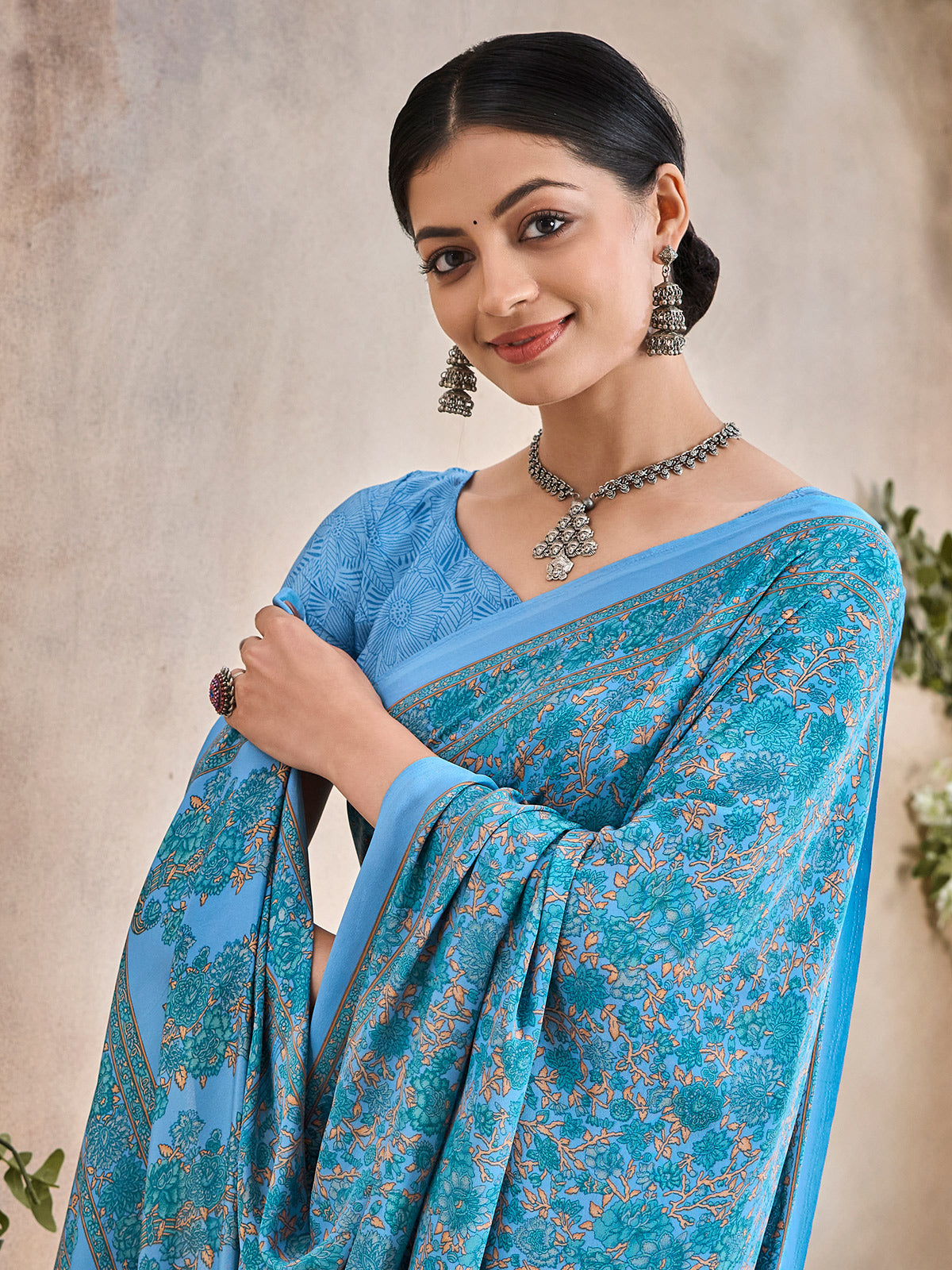 Sky blue floral printed crepe silk casual saree