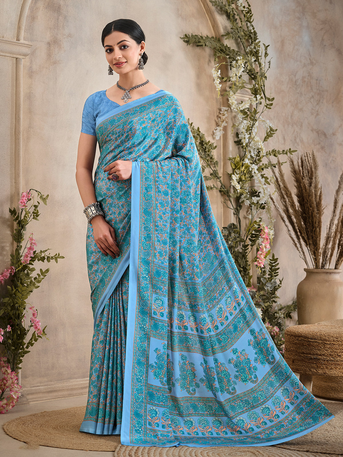 Sky blue floral printed crepe silk casual saree