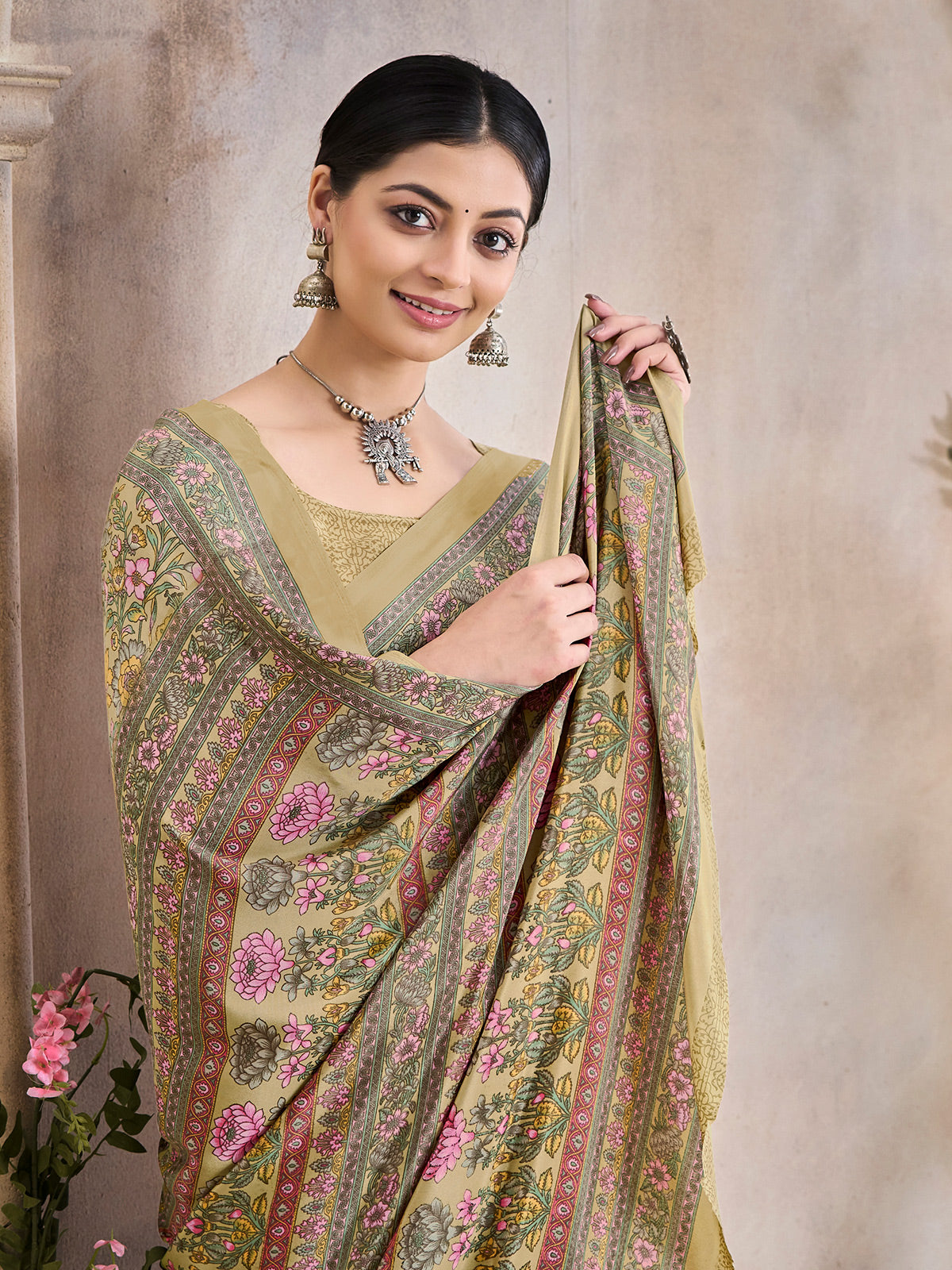 Beige floral printed crepe silk casual saree