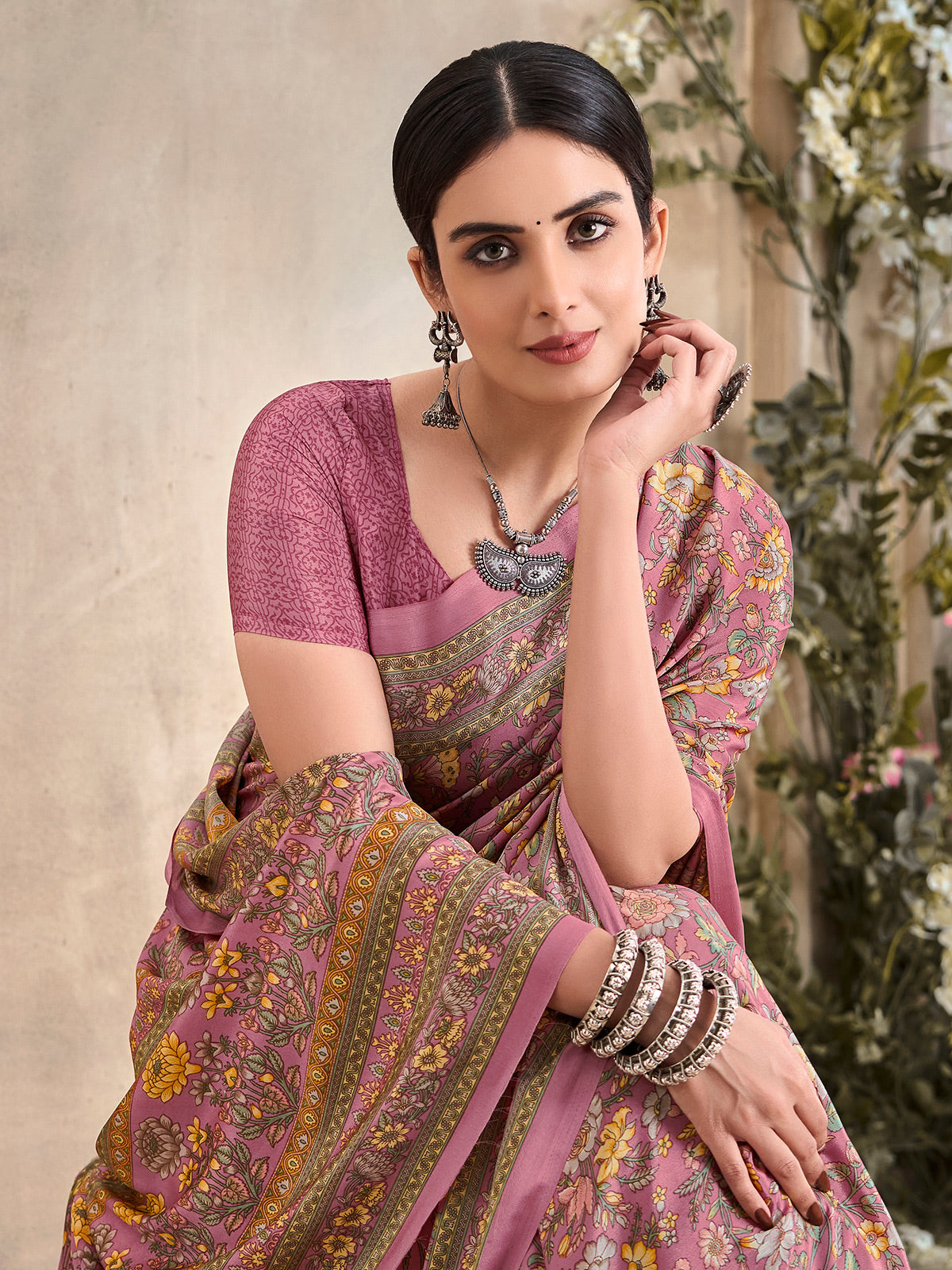 Onion pink floral printed crepe silk casual saree