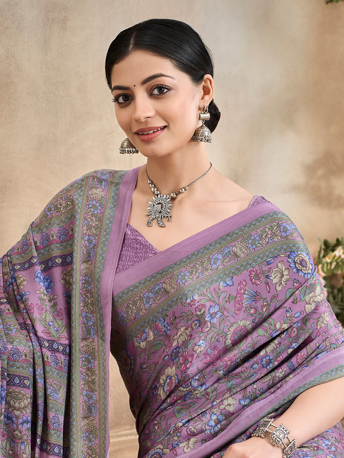 Lilac purple floral printed crepe silk casual saree