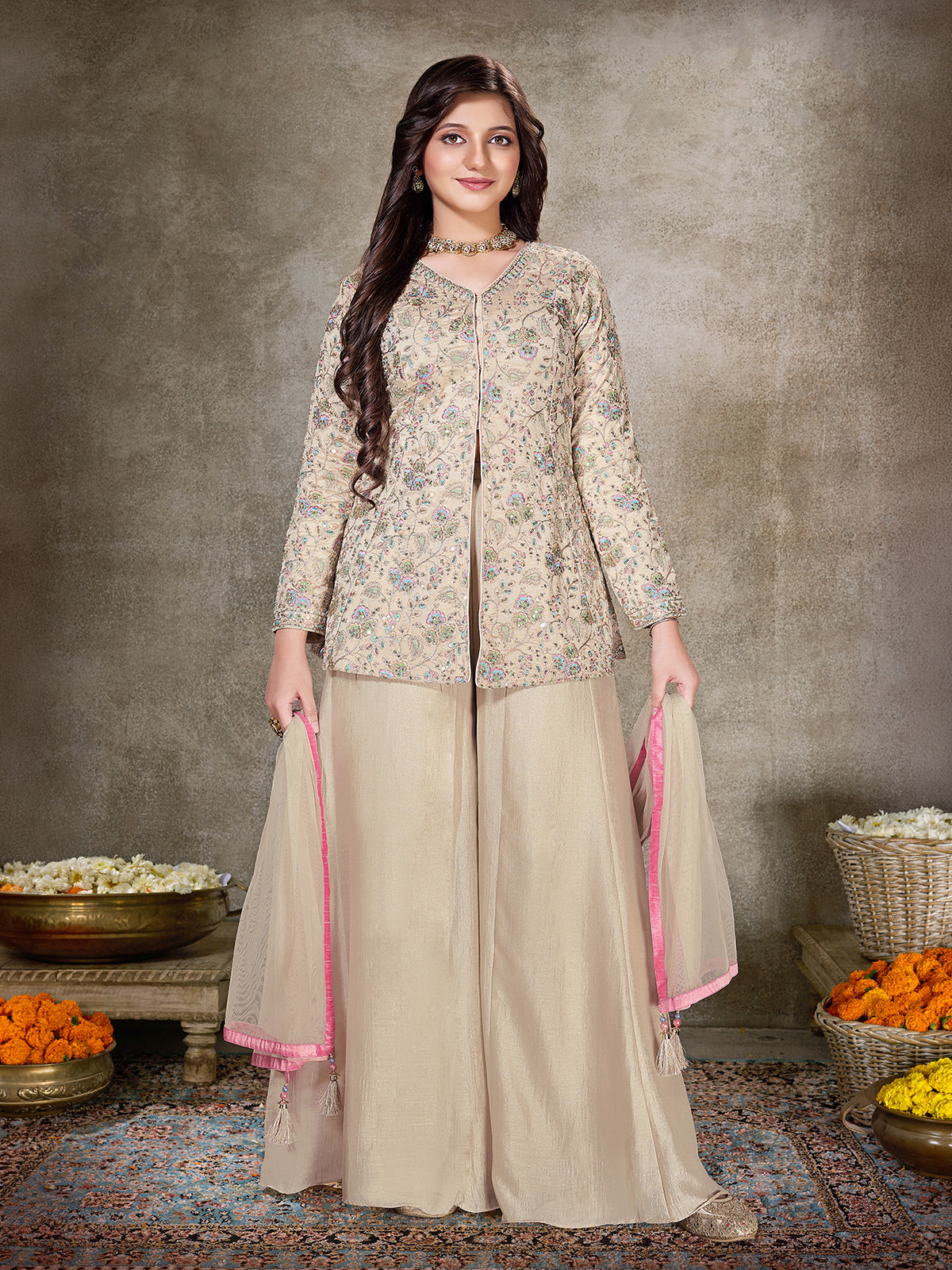 Cream crepe silk embroidered girls palazzo suit with dupatta
