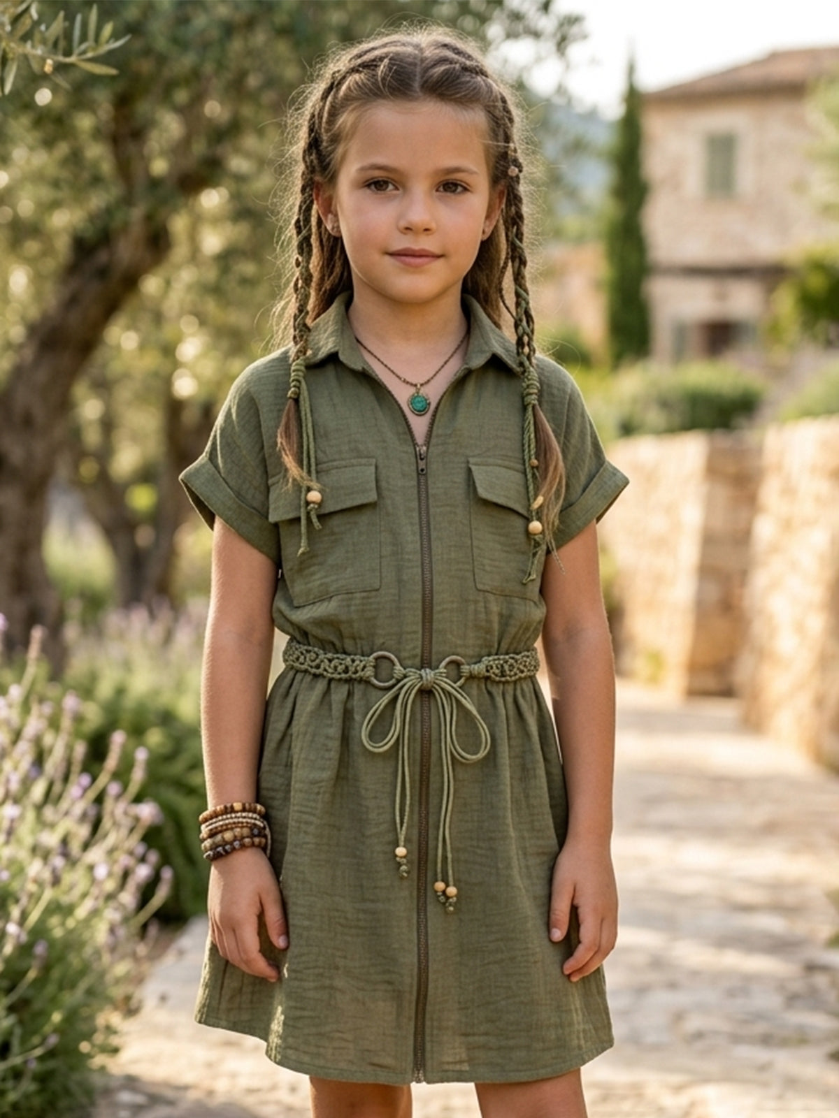 Olive beads work cotton silk dress for girls