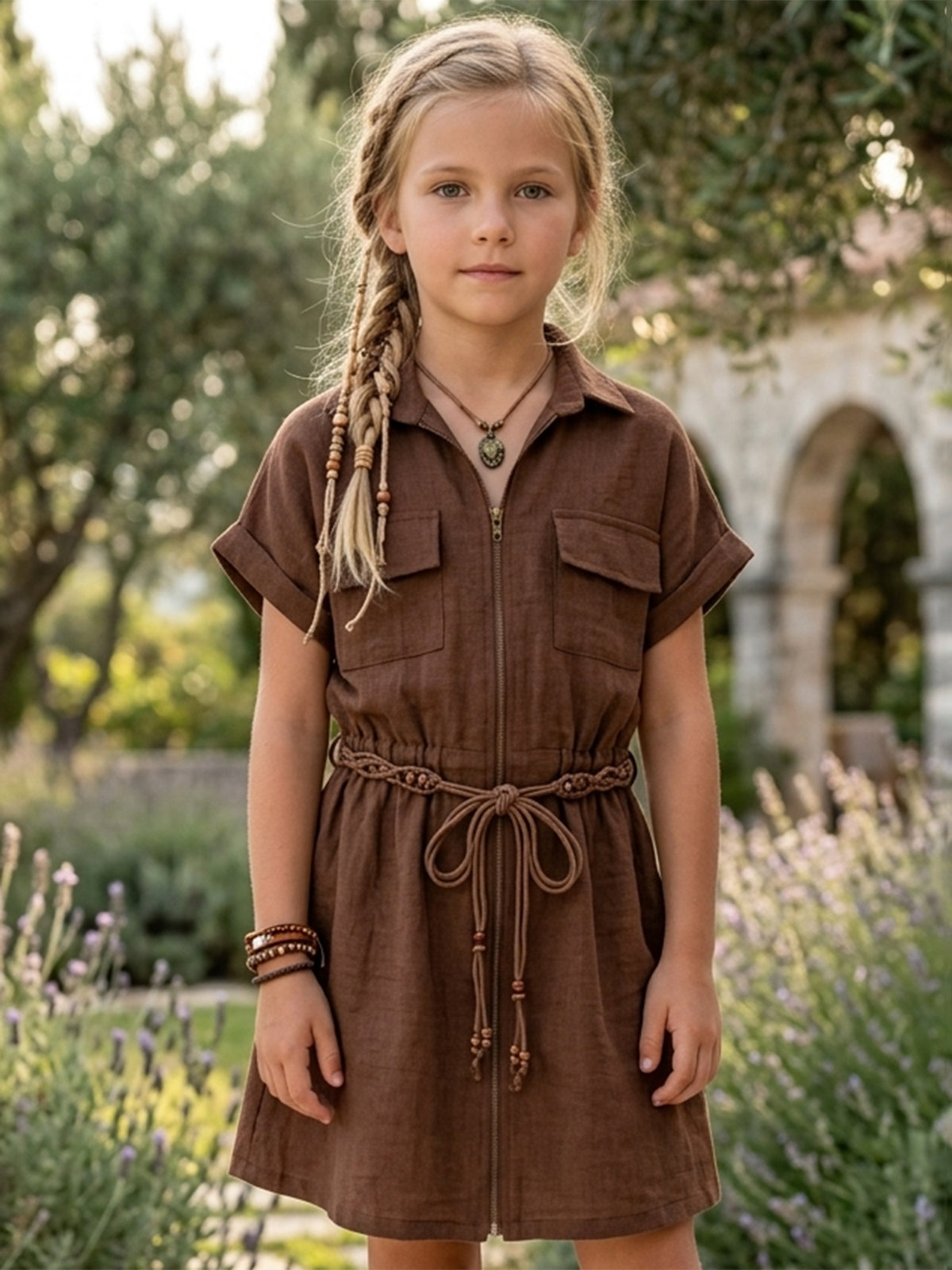 Brown beads work cotton silk dress for girls