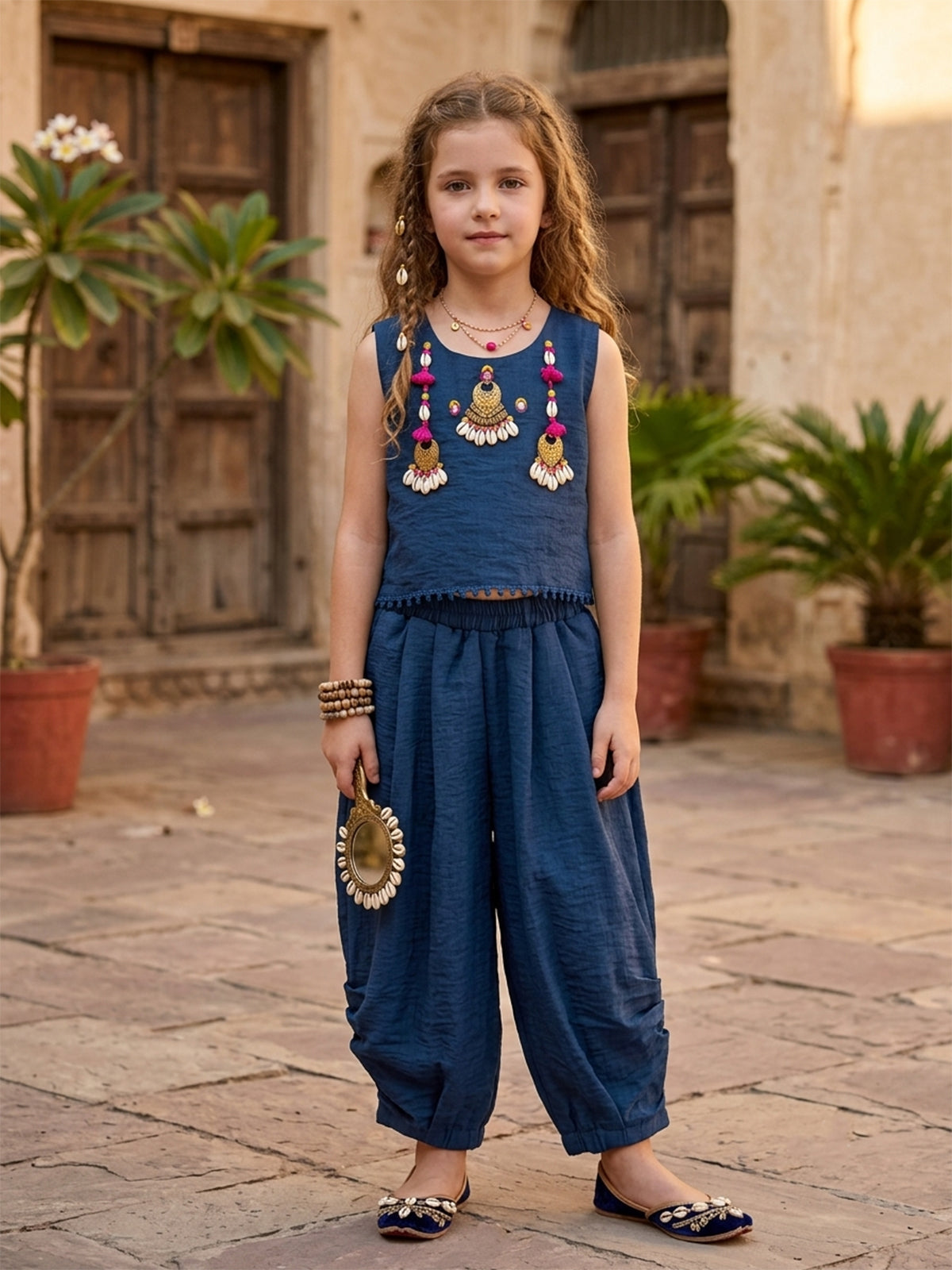 Blue cowrie shell dhoti co-ord set for girls